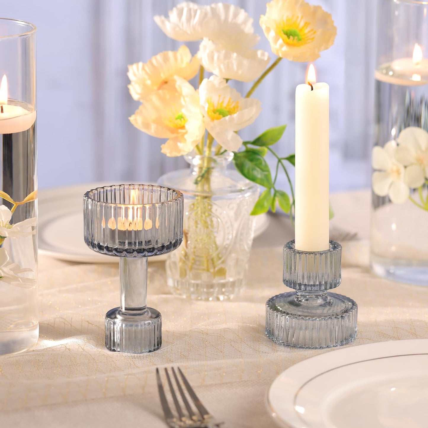 Candlestick Holders Bulk, 6 Pcs Blue Combination Candle Holders Set, Crystal Candle Holders for Wedding, Table Centerpiece, Home Decoration