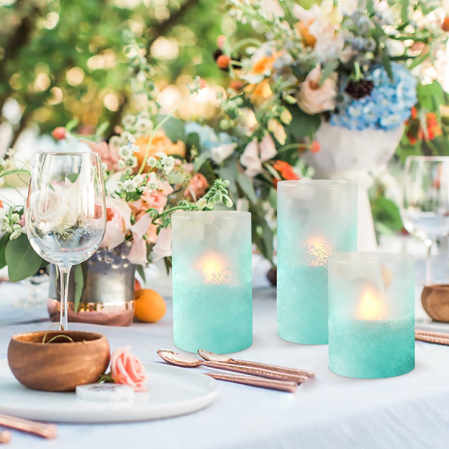 FLAVCHARM Blue Flameless Candles with Remote Aqua Glass Handmade Sandblast Battery Operated Candles Flickering Decorative LED Pillar Candles for Home Bathroom Coastal Theme Wedding Decorations