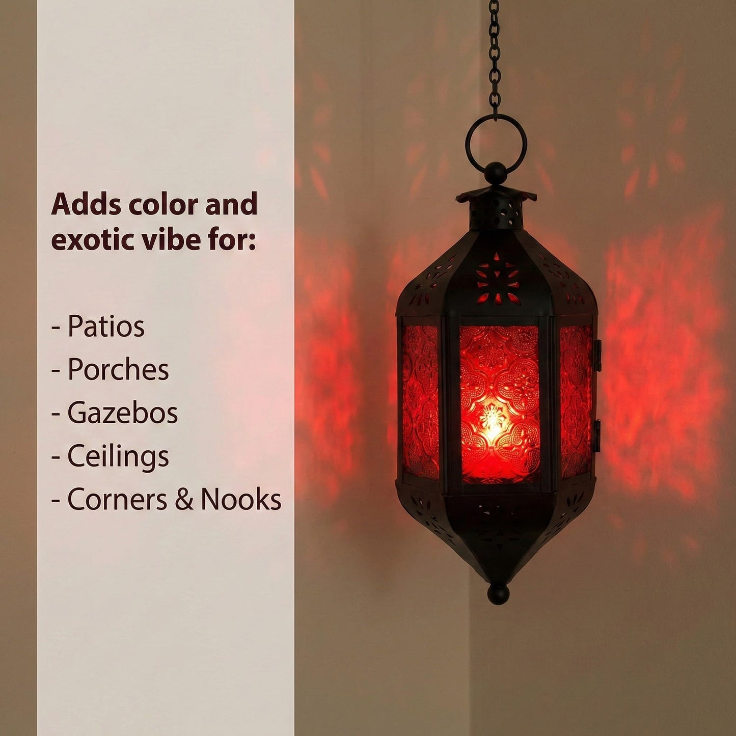 Vela Lanterns Hanging Moroccan Lamp - Exotic Decorative Patio & Porch Decor, Indoor Outdoor Tea Light Candle Lantern Holder with Chain (11" Medium, Red Glass, 2-Pack)