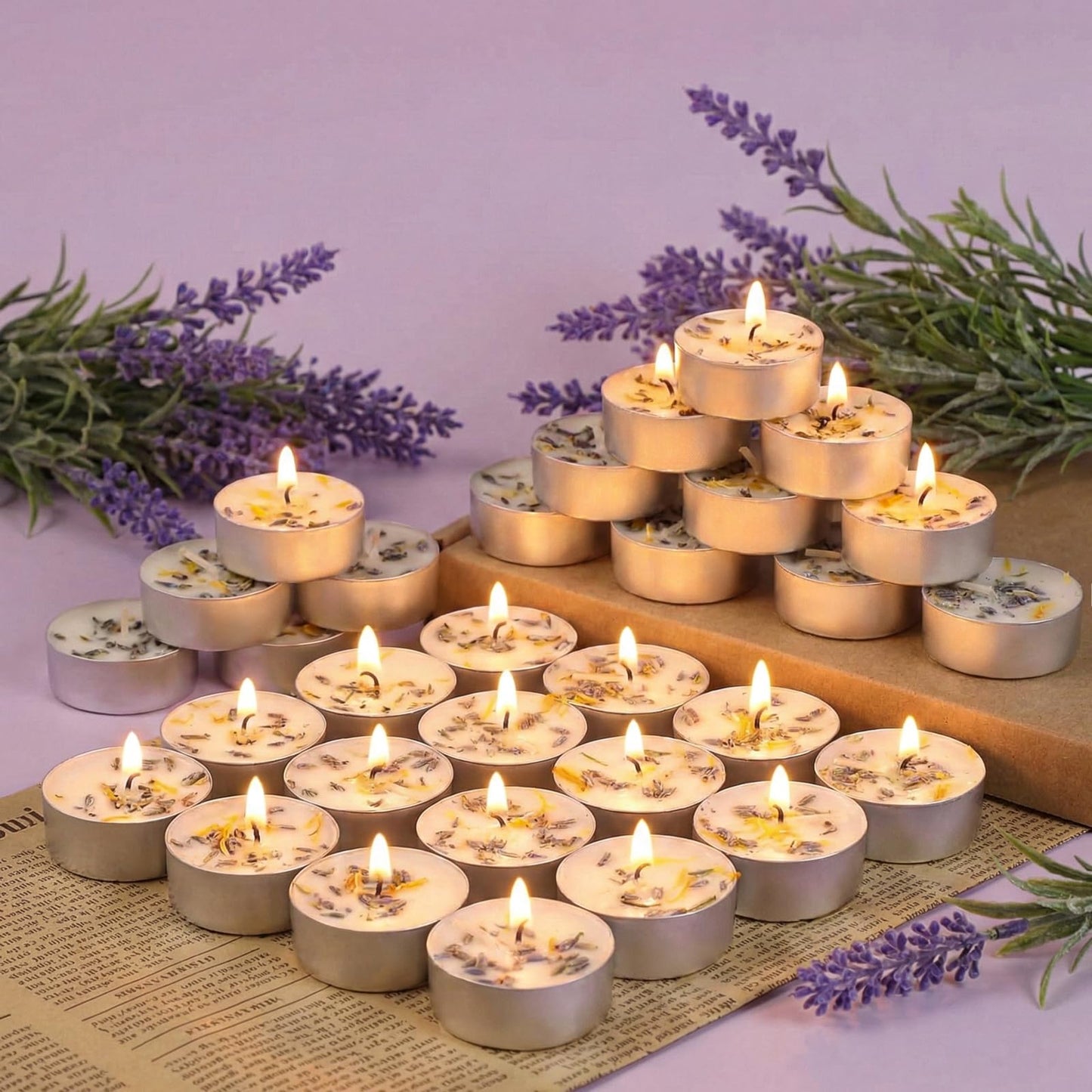 Lavender Scented Tealight Candles 16 Pack - 4-Hour Palm Wax White Tea Lights, Plant Dried Flower Scented Tea Candle (Paraffin-Free), Votive Candles for Home/Yoga/Bath/Meditation