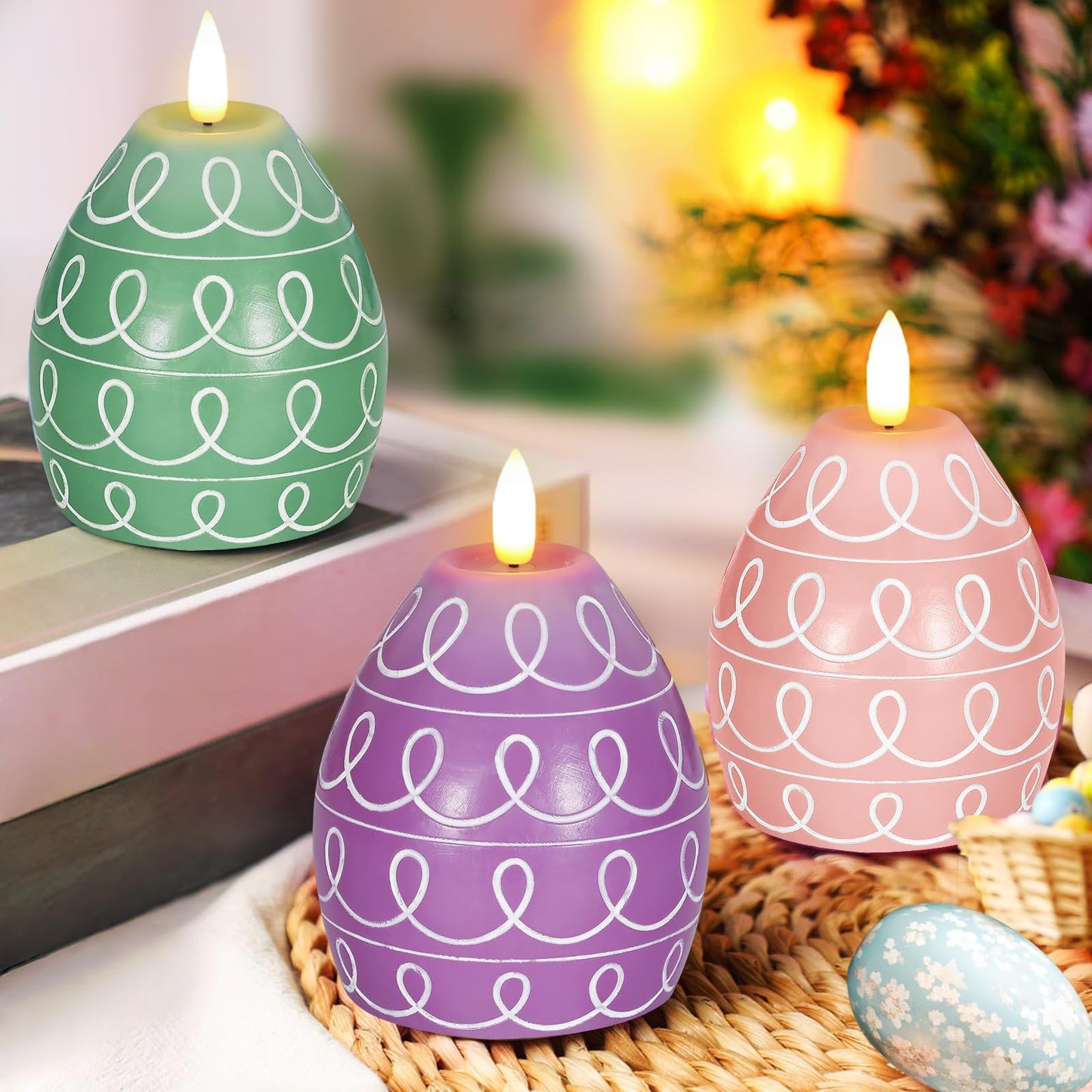 Leorate 3PCS Easter Egg Flameless Candles – 5.2" Battery Operated LED Egg Candles with White Wave Pattern, Green Purple Pink Real Wax Finish, Flickering Flame for Easter Table Centerpiece Spring Home