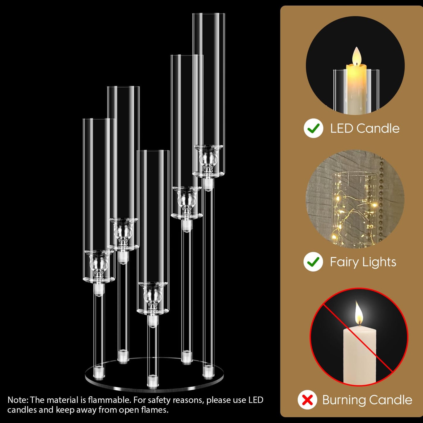 Cheloment 4 Sets 5 Arms Acrylic Candelabra Centerpieces for Tables, 22.8" Clear Candle Holder for Wedding Dinner Party and Home Decor,Candlesticks Holder with LED Candles