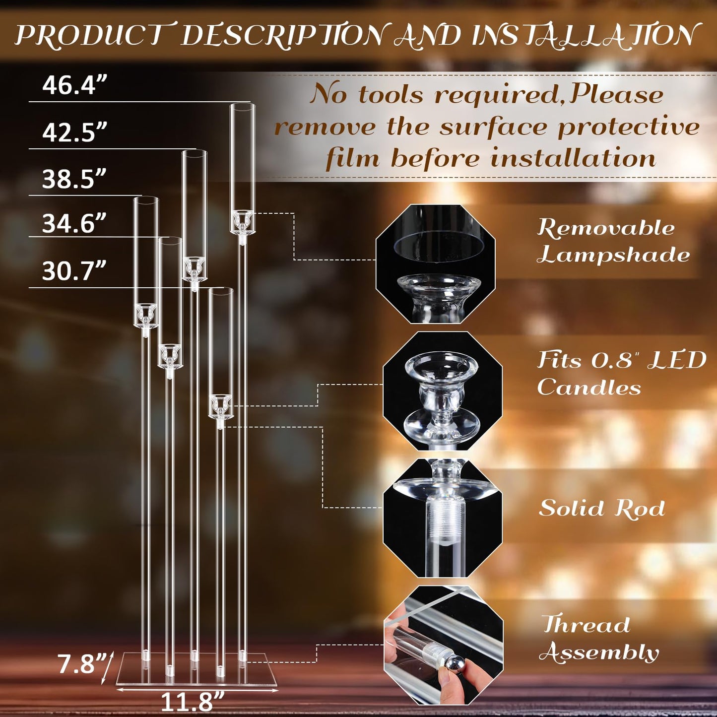 Tessco for you 2 Set 5 Arms Acrylic Candelabra Centerpieces 46.4'' Tall Clear Candle Holders Wedding Table Centerpiece Floor Candle Stand with Acrylic Shade Fit 0.8'' LED Candles for Home Party