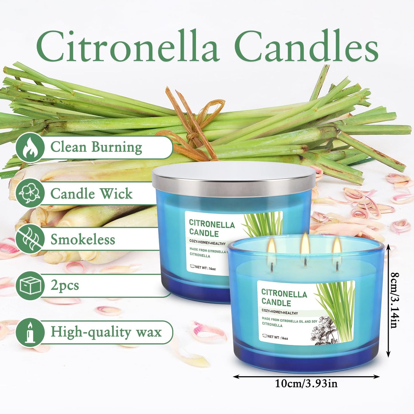 2x14oz Large 3-Wick Outdoor Indoor Citronella Candles, Long Lasting to 30 Hours, Scented Natural Soy Candle for Garden Camping Party Yard Balcony