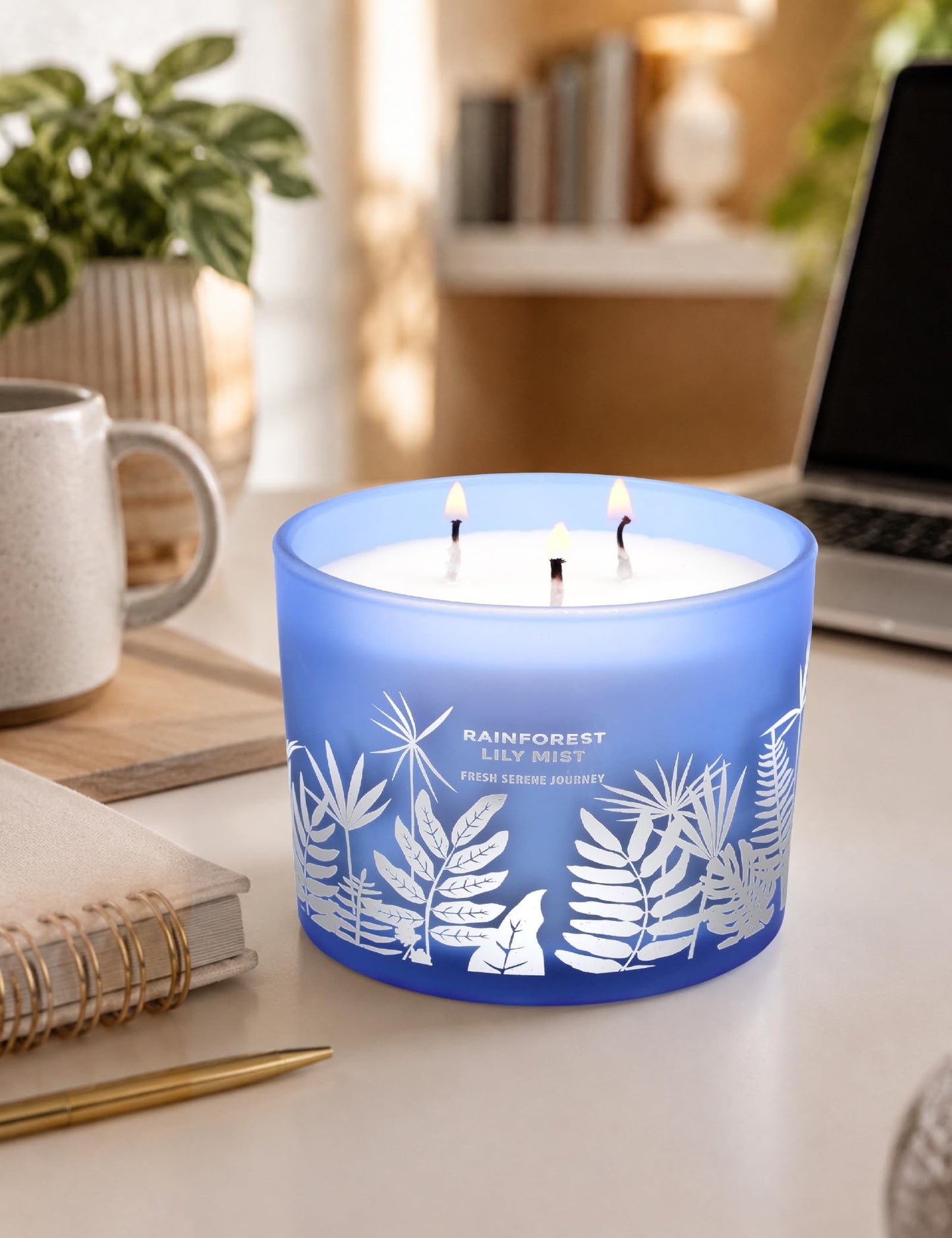 Large 3 Wick Scented Soy Candle for Home | Rainforest Lily Mist | 14.5oz Aromatherapy Spa Candle | Fresh Rain, Lily of the Valley, Jasmine & Cedarwood | Clean Burn Long Lasting | Gift for Women & Men
