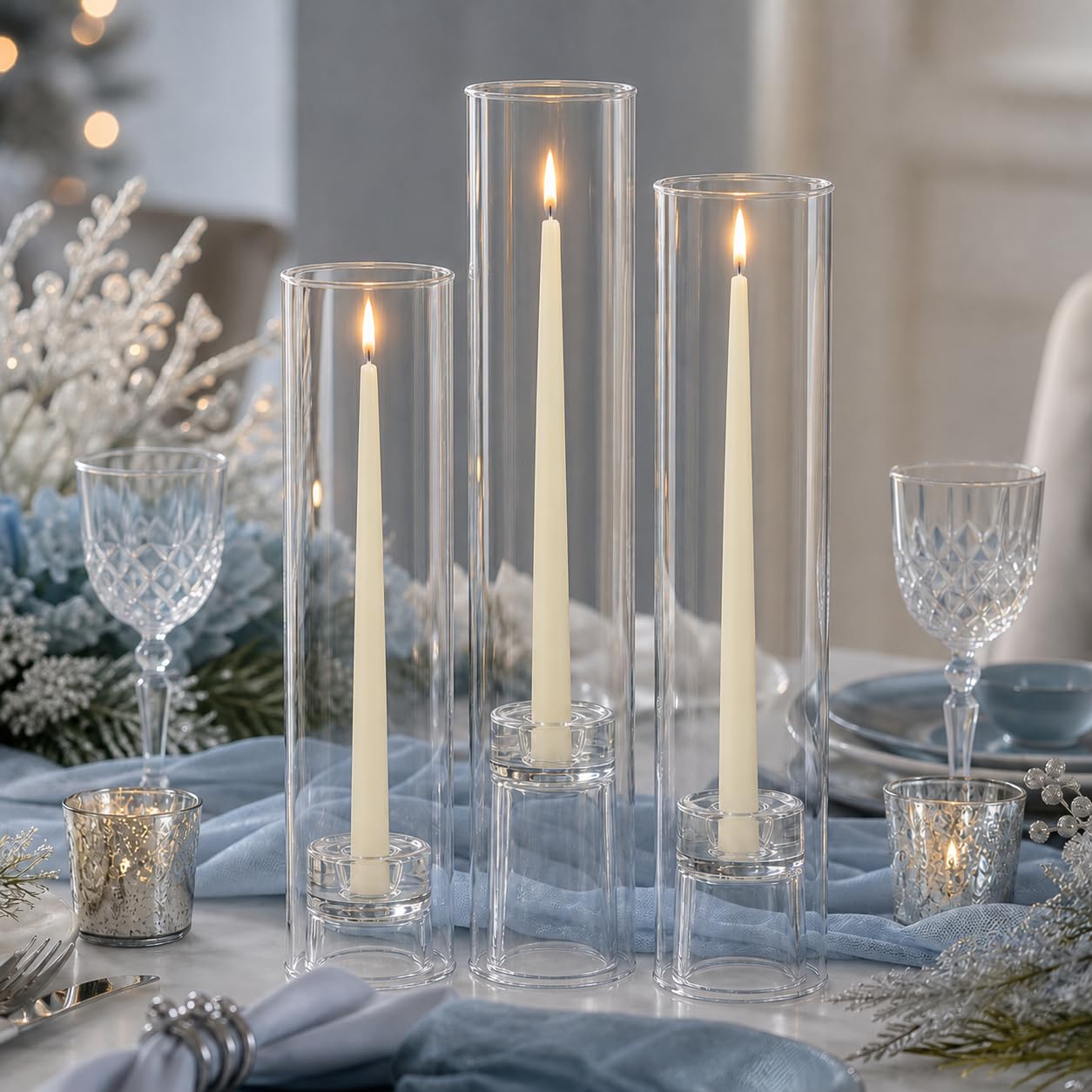Yummi Set of 12 Taper Candles, Chimney and Taper Holders - Ivory