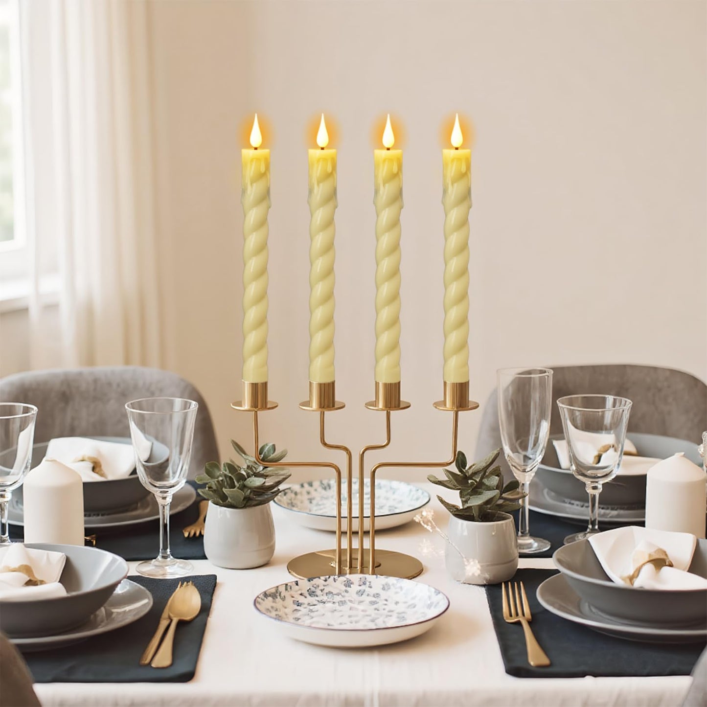 DRomance Flickering Flameless Taper Candles with Remote and Timer, 2 Pack Battery Operated LED Taper Candles 3D Wick Plastic Dripping Effect Dinner Wedding Holiday Decor(Ivory, 0.78" D x 9.65" H)