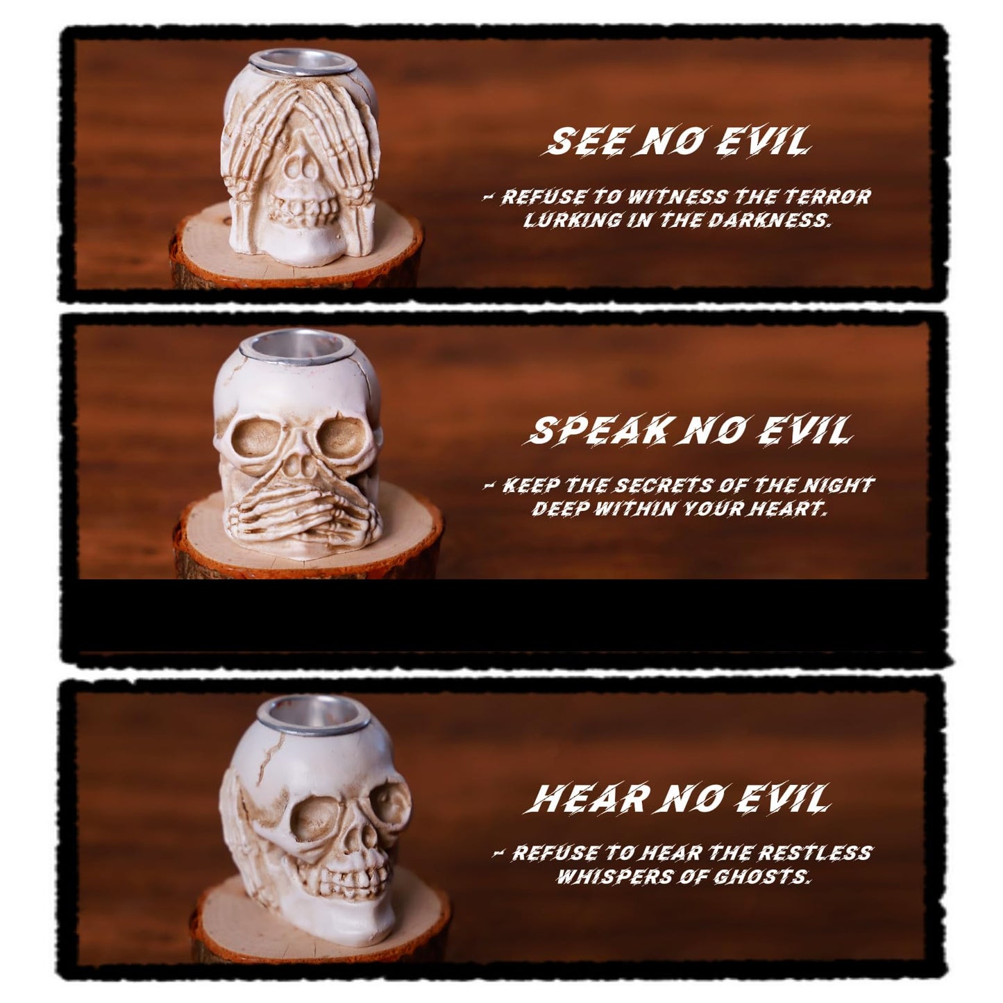 Gothic Skull Taper Candle Holders, 3pcs - See No Evil, Hear No Evil, Speak No Evil, Halloween Candle Holders, Horror-Themed Spooky Home & Halloween Decorations
