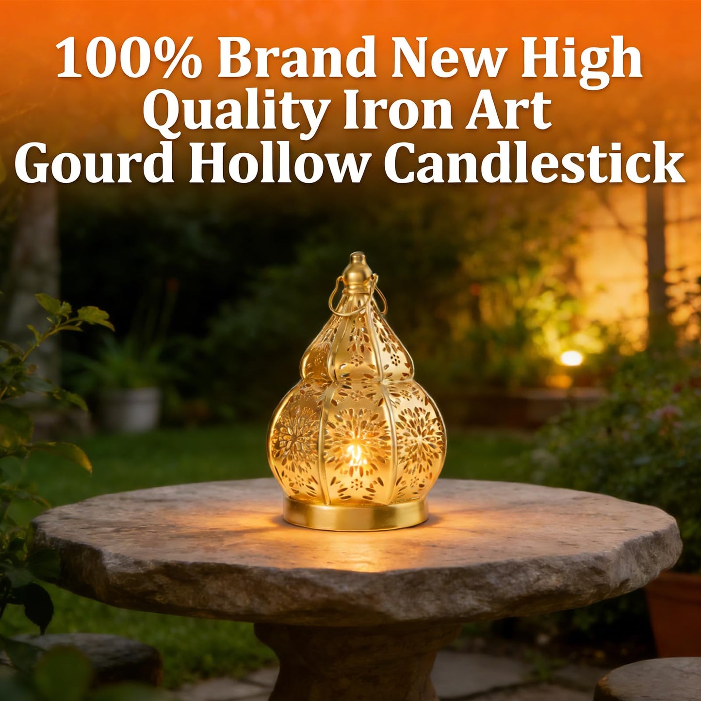 1pcs Iron Gourd Hollow Candle Holder Projection Ambient Decor for Home Garden Courtyard Decorative Ornament (Gold)