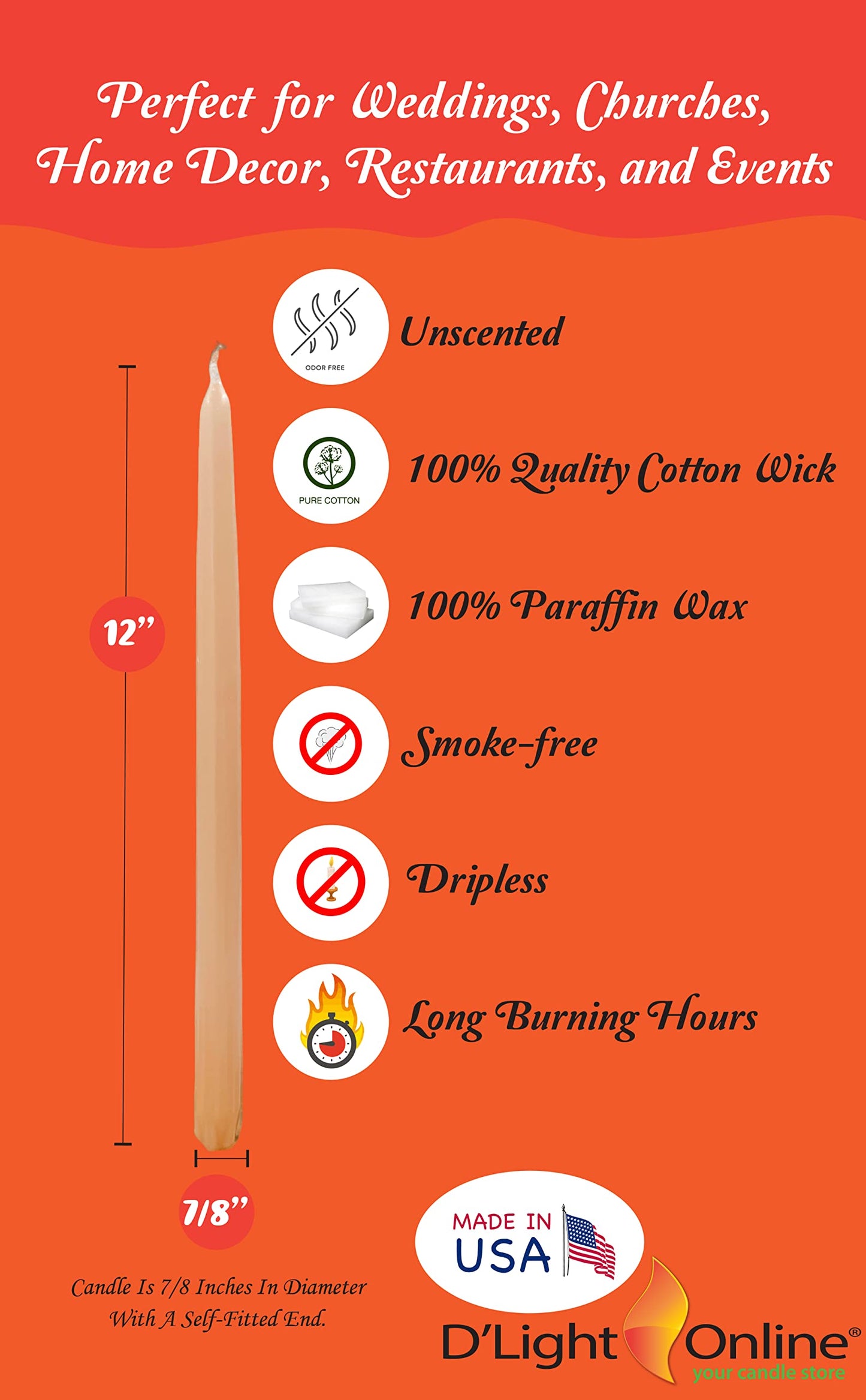 D'light Online Elegant 12" Unscented Spice Gold - Brown Taper Candles, Premium Quality Hand-Dipped Tapered Candles, Dripless and Smokeless - Set of 12 Individually Wrapped (12 Inch, Spice Gold)