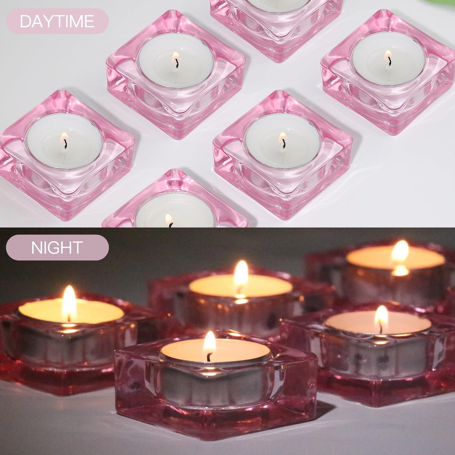 CHOCSTAY Tealight Candle Holder Set of 6, Pink Glass Candle Holder Heat-Resistant Square Holders for Wedding, Party, Home Décor