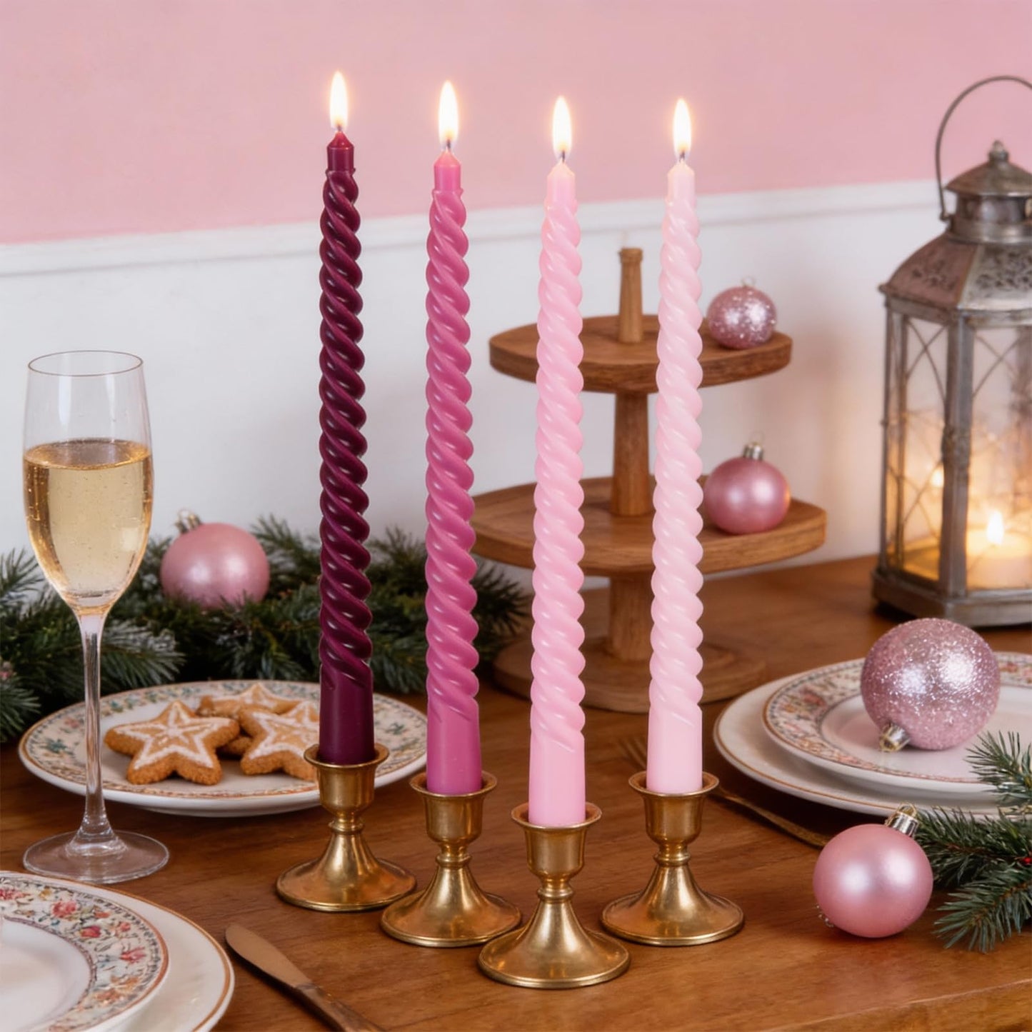 Pink Spiral Taper Candles, 10 inch Gradient Twisted Candles,4 Pack Unscented and Smokeless Long Burning Candles with Cotton Wicks,Tall Candlesticks,Ideal for Weddings, Dinner Parties, and Home Décor
