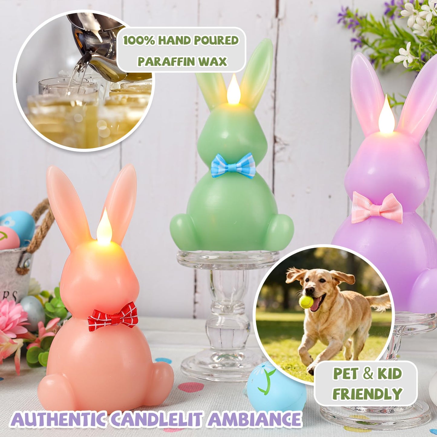 LCZLUMIPRO 3PCS Easter Bunny Flameless Candles, LED Easter Candles Battery Operated Rabbit-Shaped Real Wax Pink Purple Green,Spring Party Decoration Centerpiece Table Home Decor (No Remote)