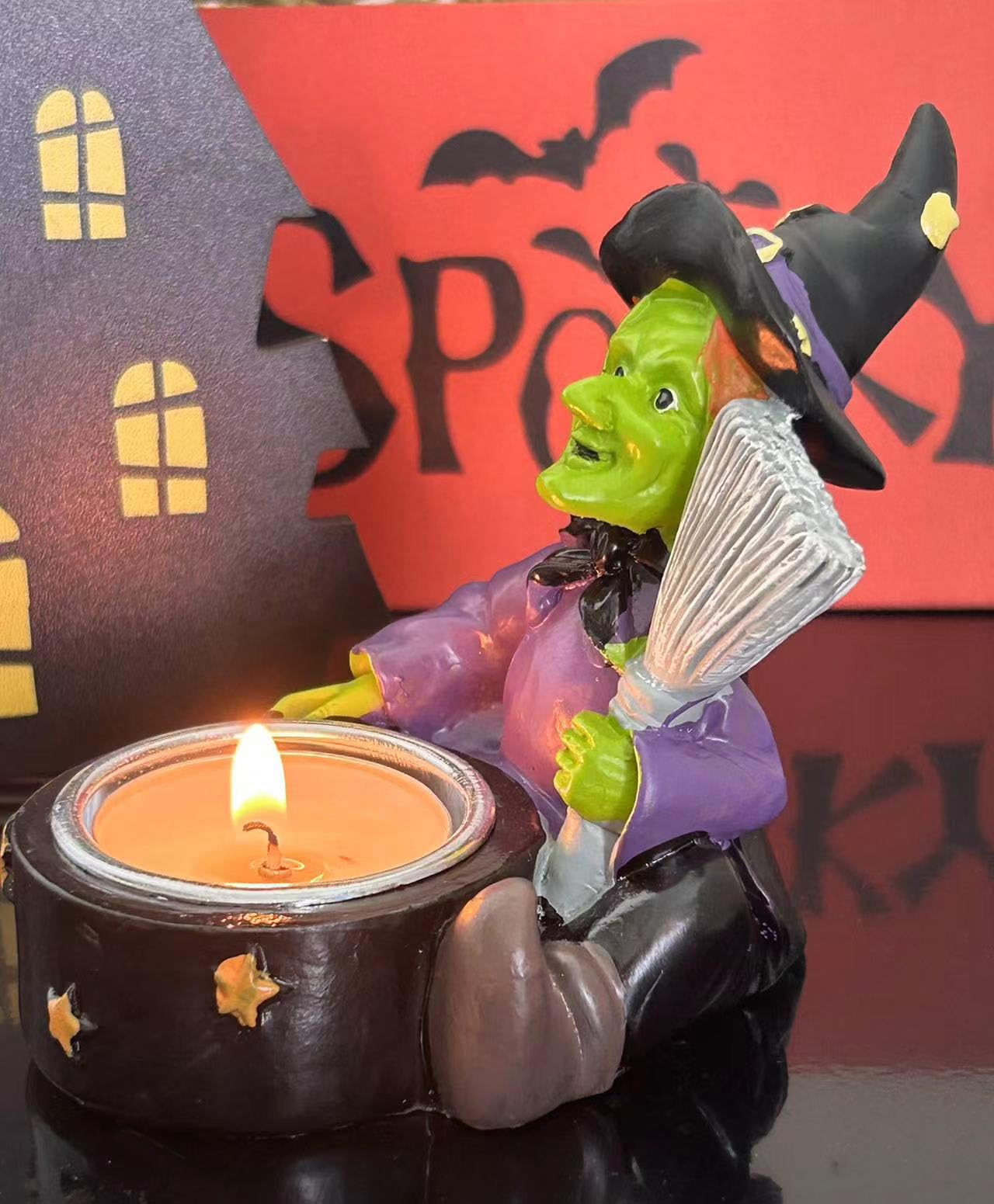 Halloween Candle Holder Spooky Witch with Broom Tealight Candle Holder Scary Halloween Decorations - Skeleton Skull Candle Holder for Bedroom Living Room Mantel Shelf Tabletop Décor