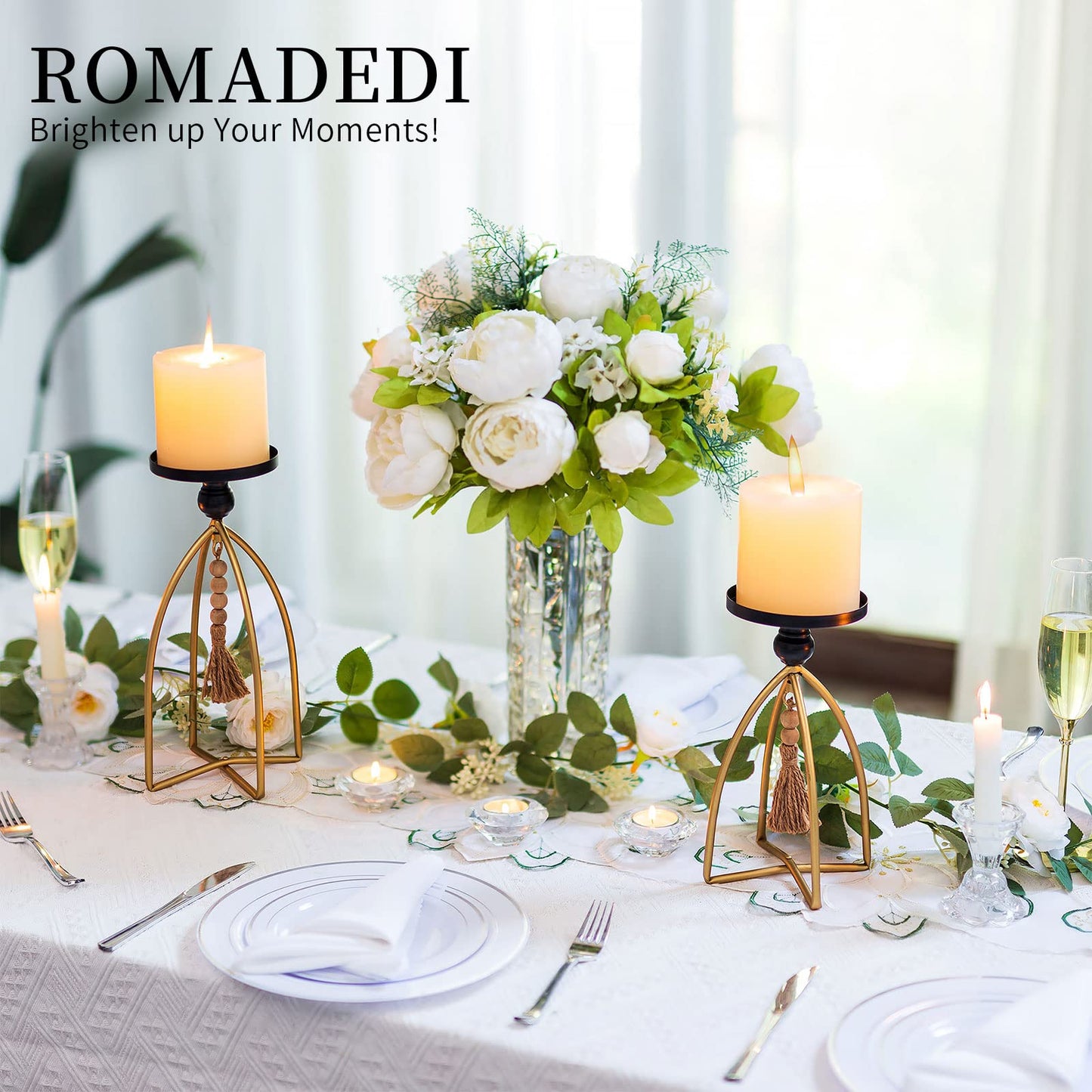 Romadedi Candle Holder Boho Decor - Set of 2 Metal Pillar Candle Stand with Beads for Living Room Mantle Shelf Farmhouse Table Centerpiece for Rustic Chic Home Decoration