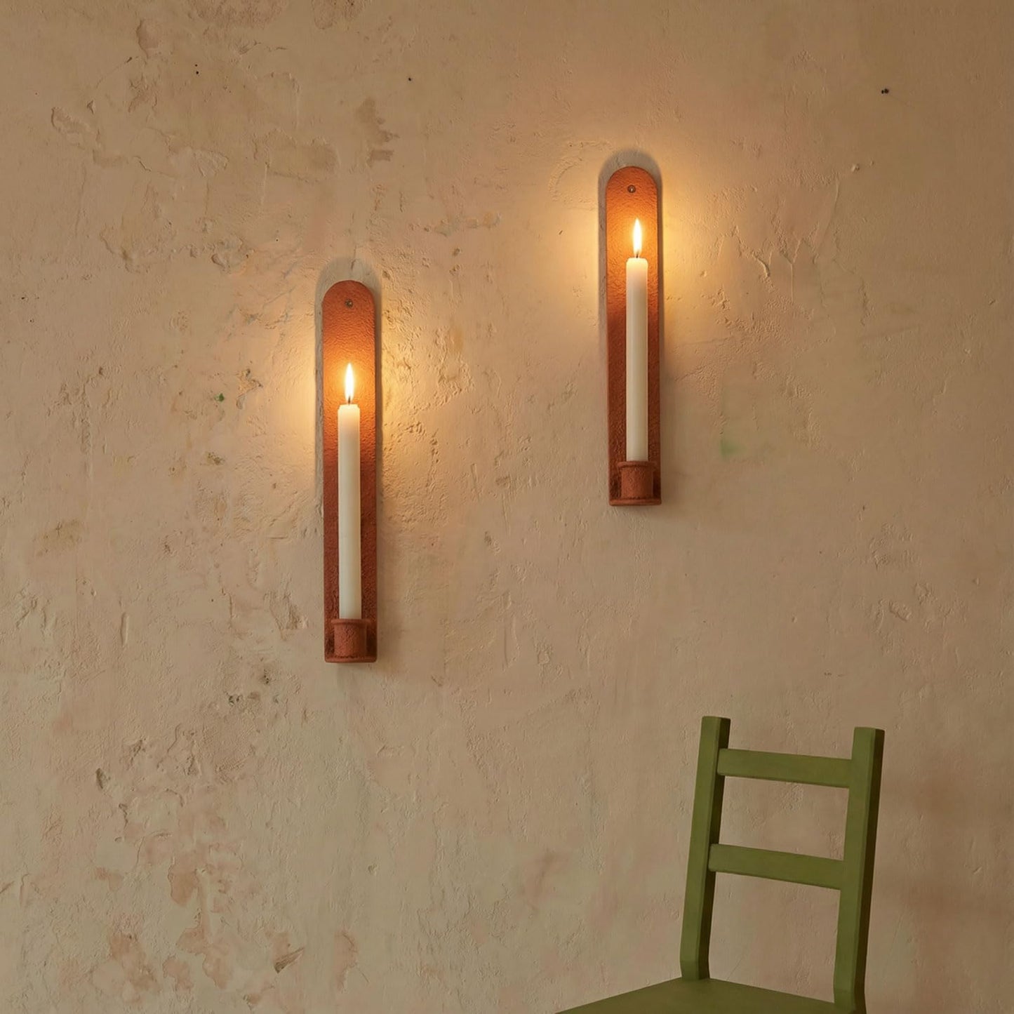 AimtoHome Wall Candle Sconces Set of 2, Classic Iron Farmhouse Holders for Taper Candles, Rustic-Textured Powder-Coated Wall Mounted in Orange for Living Room, Hallway Decor