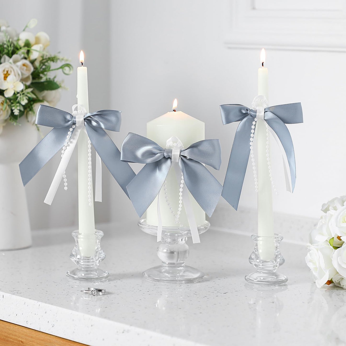 Conelist 3 Pcs Unity Candles for Wedding with Satin Bow and Glass Candle Holder Coquette Unity Pillar and Taper Candles Set Wedding Ceremony Reception Decor for Formal Events Church(Dusty Blue)
