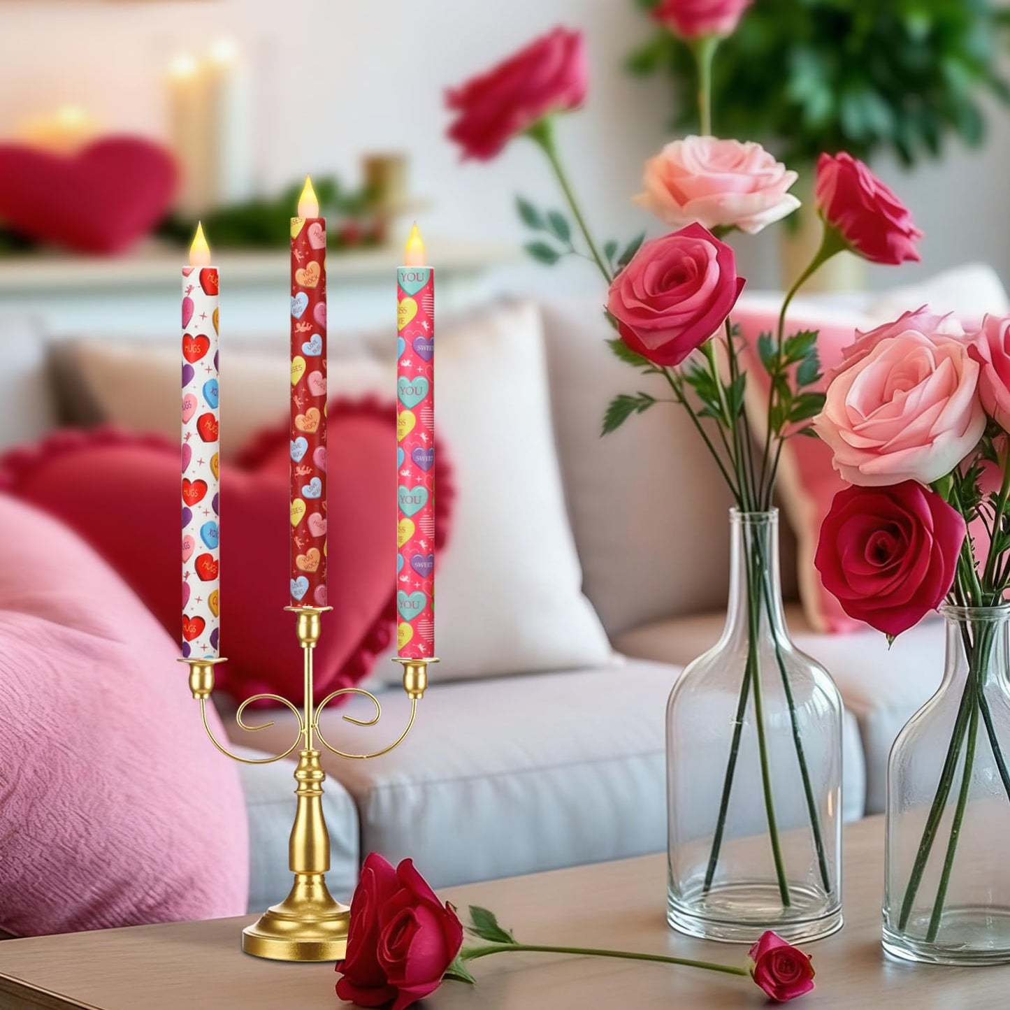 LCZLUMIPRO Valentine Taper Candles, 6 Pcs 10.6 Inch Flameless LED Candlesticks with Remote & Timer, Battery Operated Conversation Heart Decor for Valentine‘s Day Dinner Anniversary Wedding Table Decor