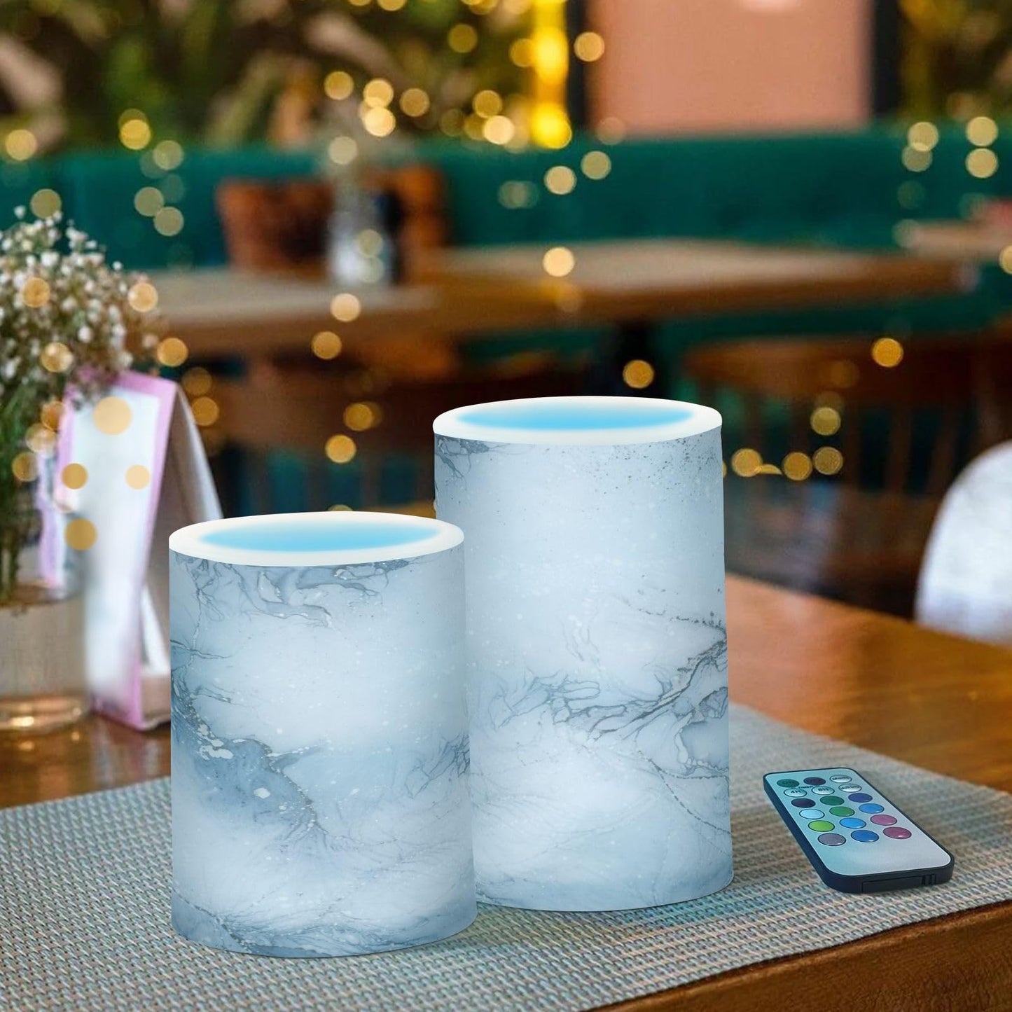 KGLDSNM Blue White Marble Texture LED Flameless Flickering Candle with Remote Timer Battery Operated for Indoor Outdoor Party Holiday Home Decor 2 Pack