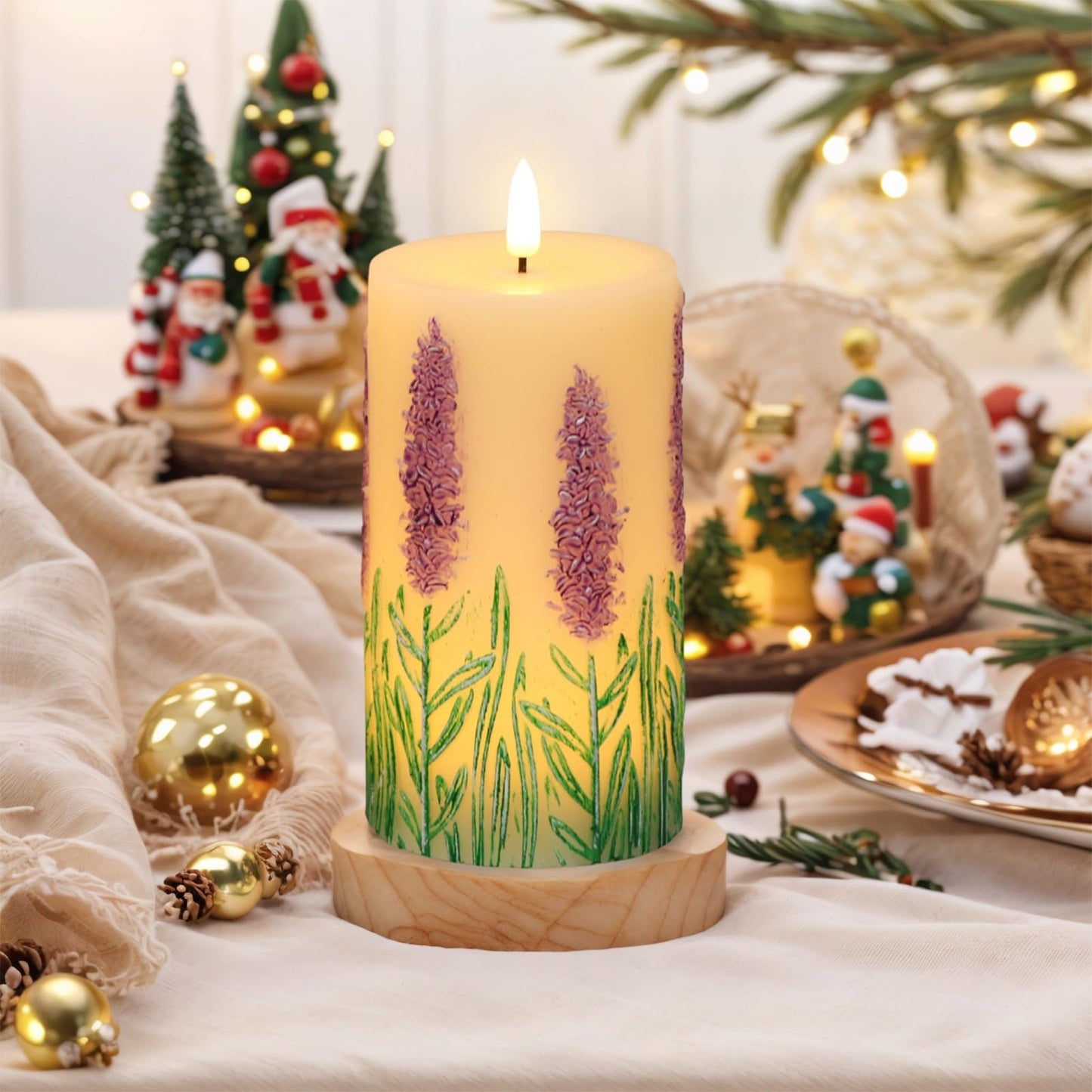 DRomance Lavender Flameless Candles Battery Operated with 6 Hour Timer 3D Wick Flickering LED Pillar Candles Real Wax Hand-Painted Dinner Christmas Holiday Decor(2 Pack, 3" D x 6.5" H)
