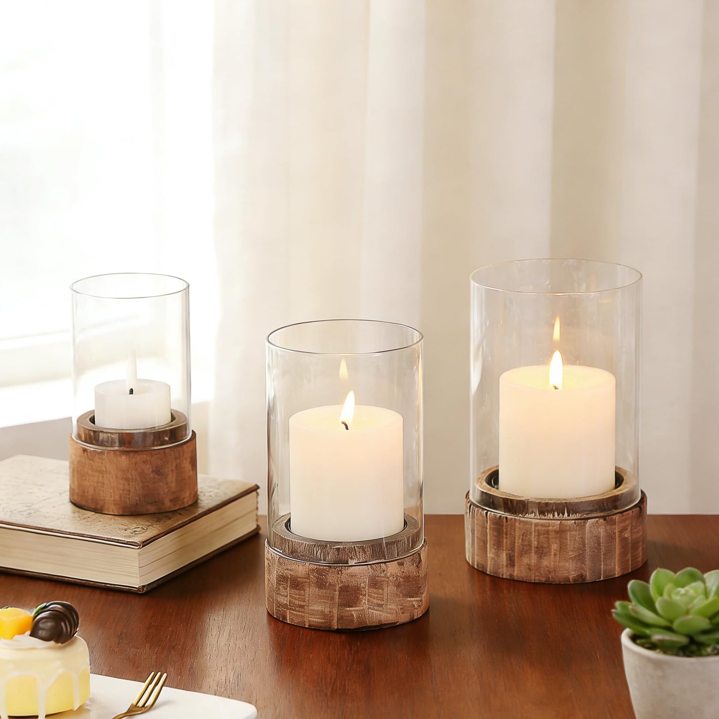 Set of 3 Glass Hurricane Candle Holders for Pillars with Vintage Natural Solid Wooden Bases, Farmhouse Candle Holder, Candle Stand, Candlestick Holders, Centerpiece for Home, Table, Wedding