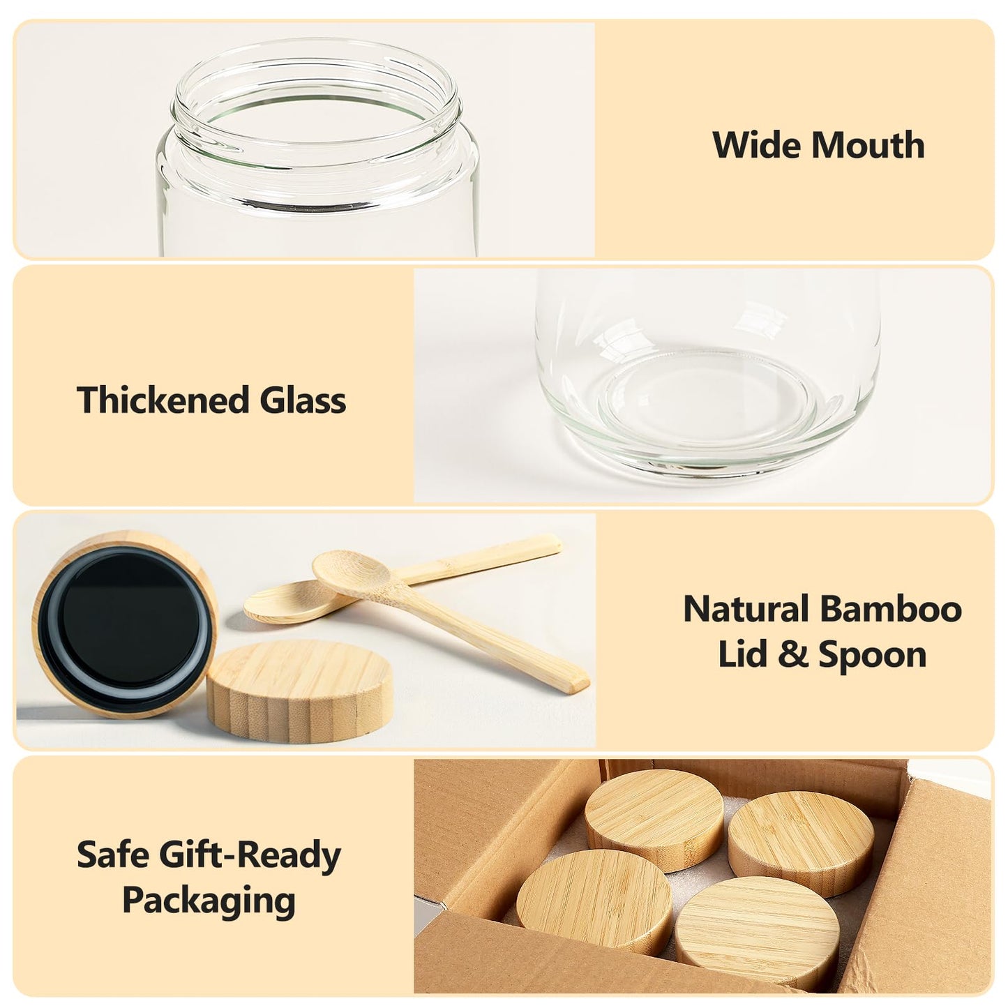 TBWIND 4 Pack 16oz Glass Jars with Bamboo Lids, Spoons, Airtight Overnight Oats Containers, Wide Mouth Mason Jars, Food Storage Container for Yogurt Salad Snacks Spice Sugar Meal Prep – Reusable