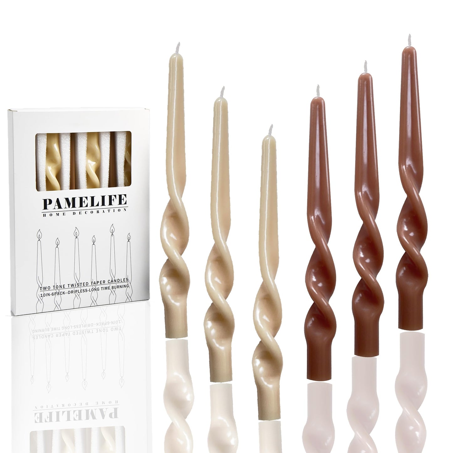 PAMELIFE Brown Two Tone Spiral Taper Candles - Set of 6 Twisted Taper Candlesticks 9.5 Inch Tall for Home Decoration Holiday Wedding Party(Brown)