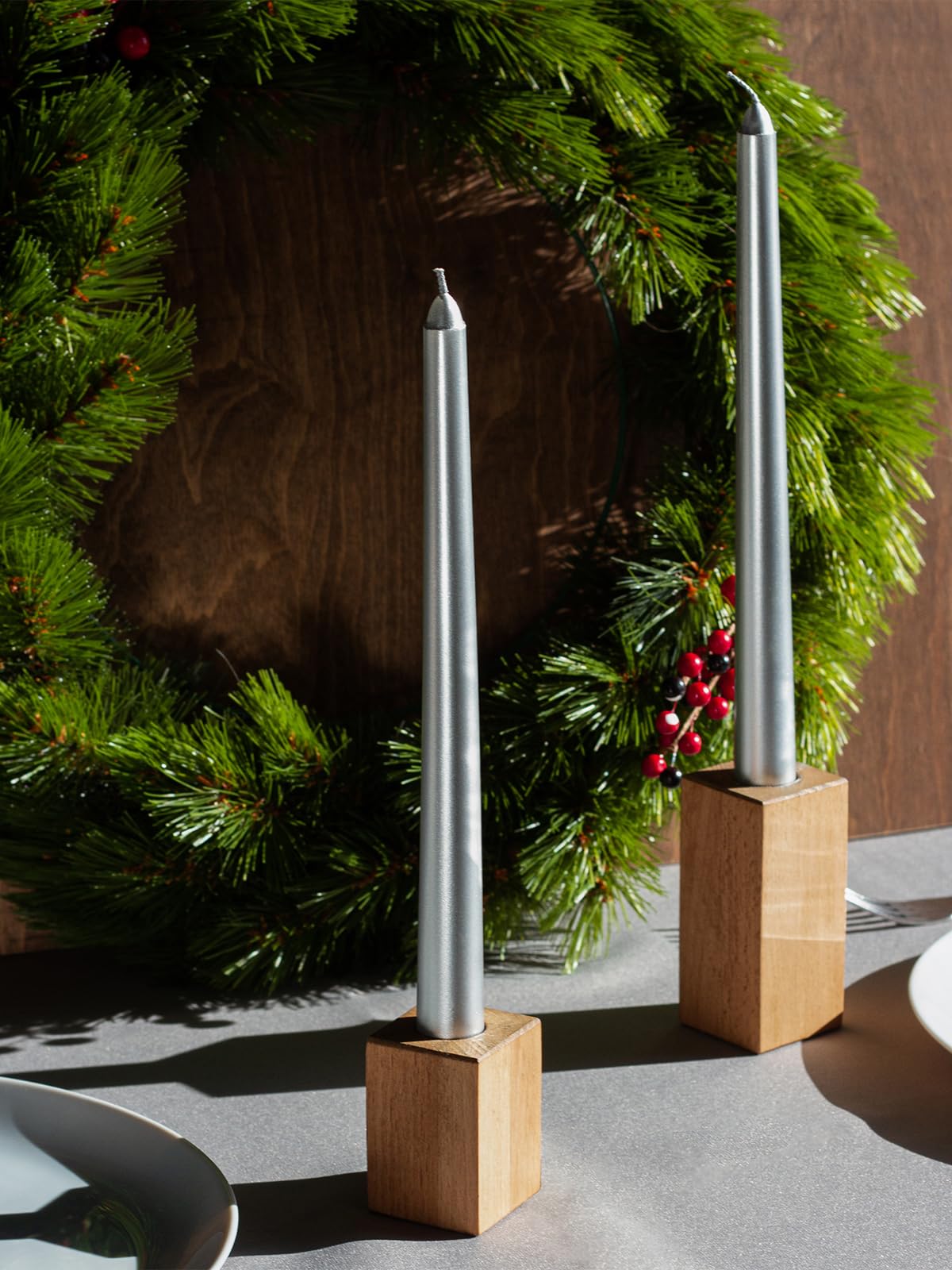 CANDWAX 12 inch Silver Taper Candles Set of 4 - Christmas Candles Taper Dripless - Tall Long Burning Fragrance-Free Silver Candlesticks