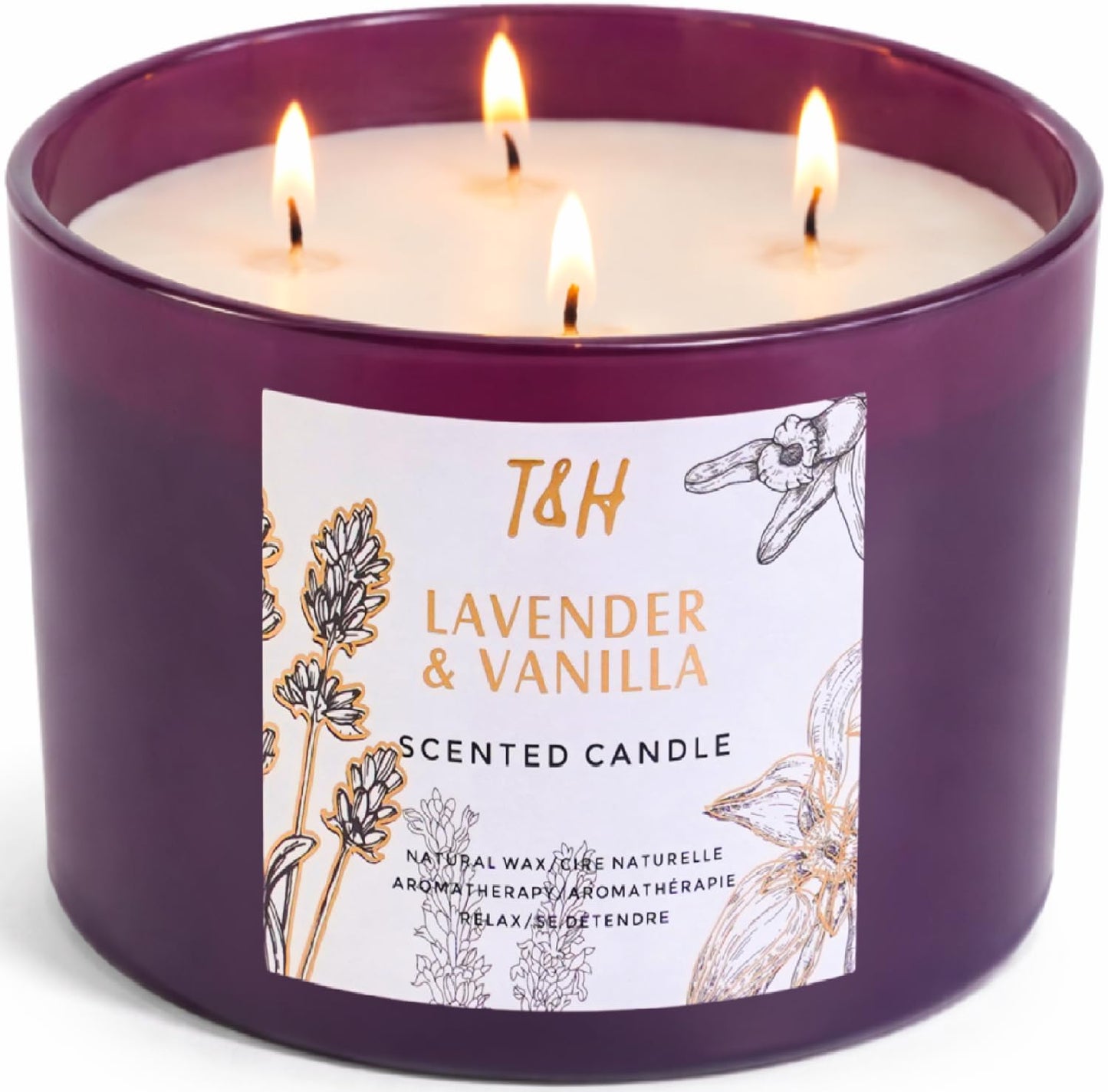 Lavender Vanilla Candle | 4 Wick Extra Large Scented Soy Candles 20 oz | Highly Scented Aromatherapy Lavender Candle for Women | Relaxing Stress Relief Home Scent | Long Lasting Clean Burn