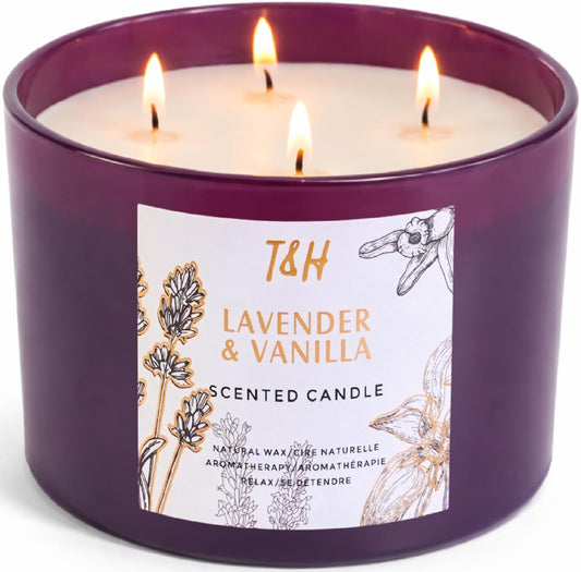 Lavender Vanilla Candle | 4 Wick Extra Large Scented Soy Candles 20 oz | Highly Scented Aromatherapy Lavender Candle for Women | Relaxing Stress Relief Home Scent | Long Lasting Clean Burn