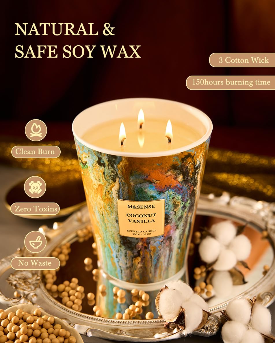 M&SENSE Large 3-Wick Coconut Vanilla Scented Soy Candle, 35oz 150 Hours Non-Toxic, Summer Candles Party Essential Spa Home Fragrance & Decor