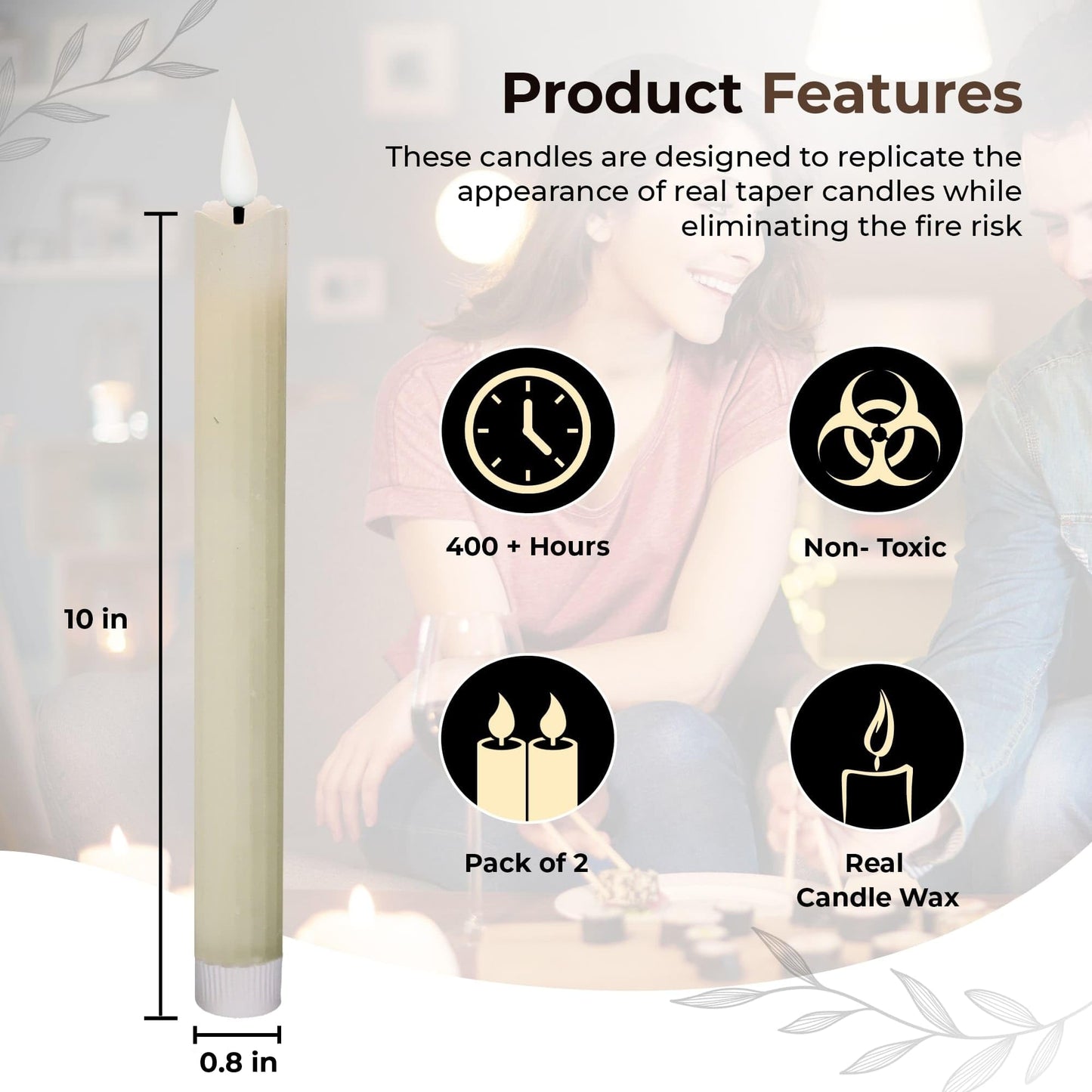 comforder Flameless Taper Candles – Flickering LED Flame with 6H Timer – Real Wax, Ribbed Design – Battery Operated Set of 2 – 10" Tall (Cream)