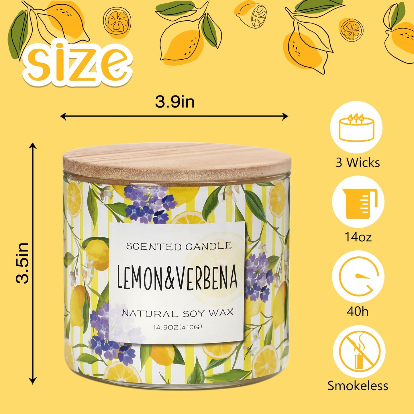 Lemon Candle, Lemon Verbena Scented Candle, Large 3 Wicks Candle, 14 oz