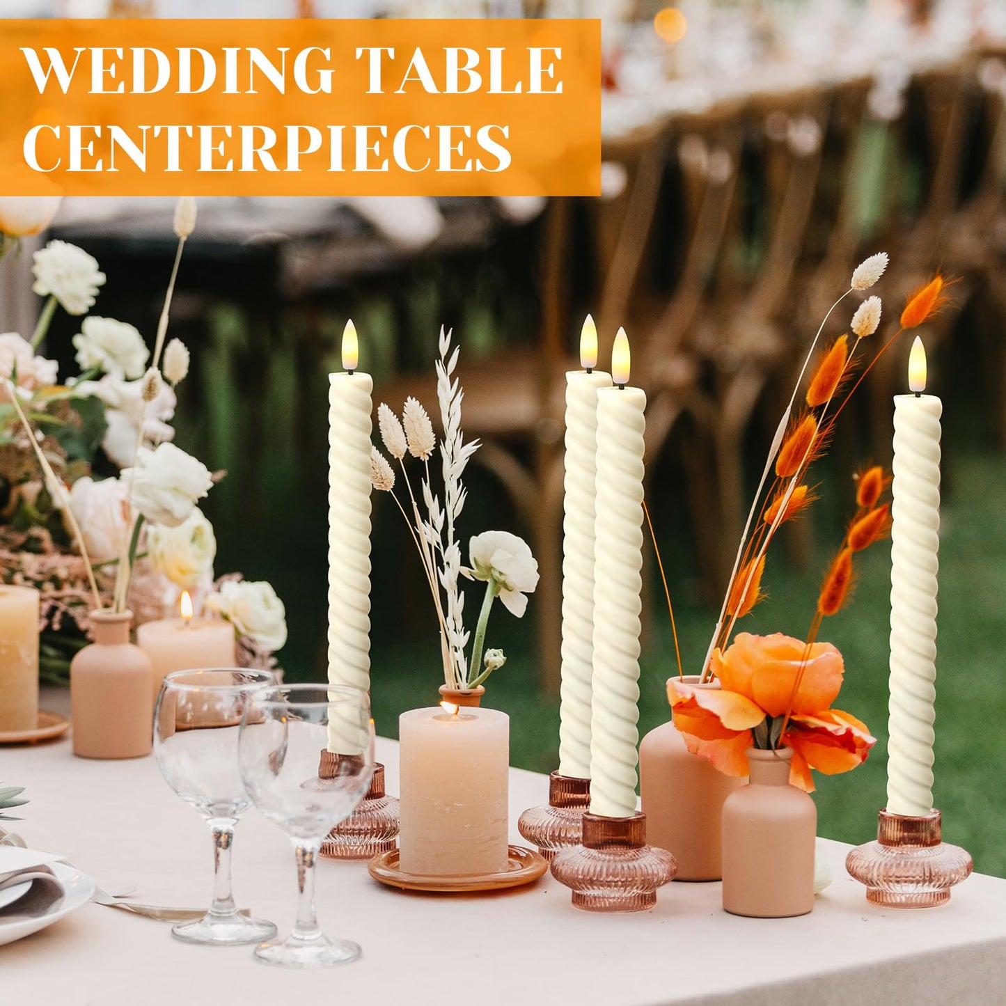 Tuanse 24 Pcs 10 Inch Flameless Twisted Taper Candles LED Flickering Battery Operated Candles Electric Warm Light Candlesticks for Wedding Birthday Party Home Dinner Decor(Ivory)