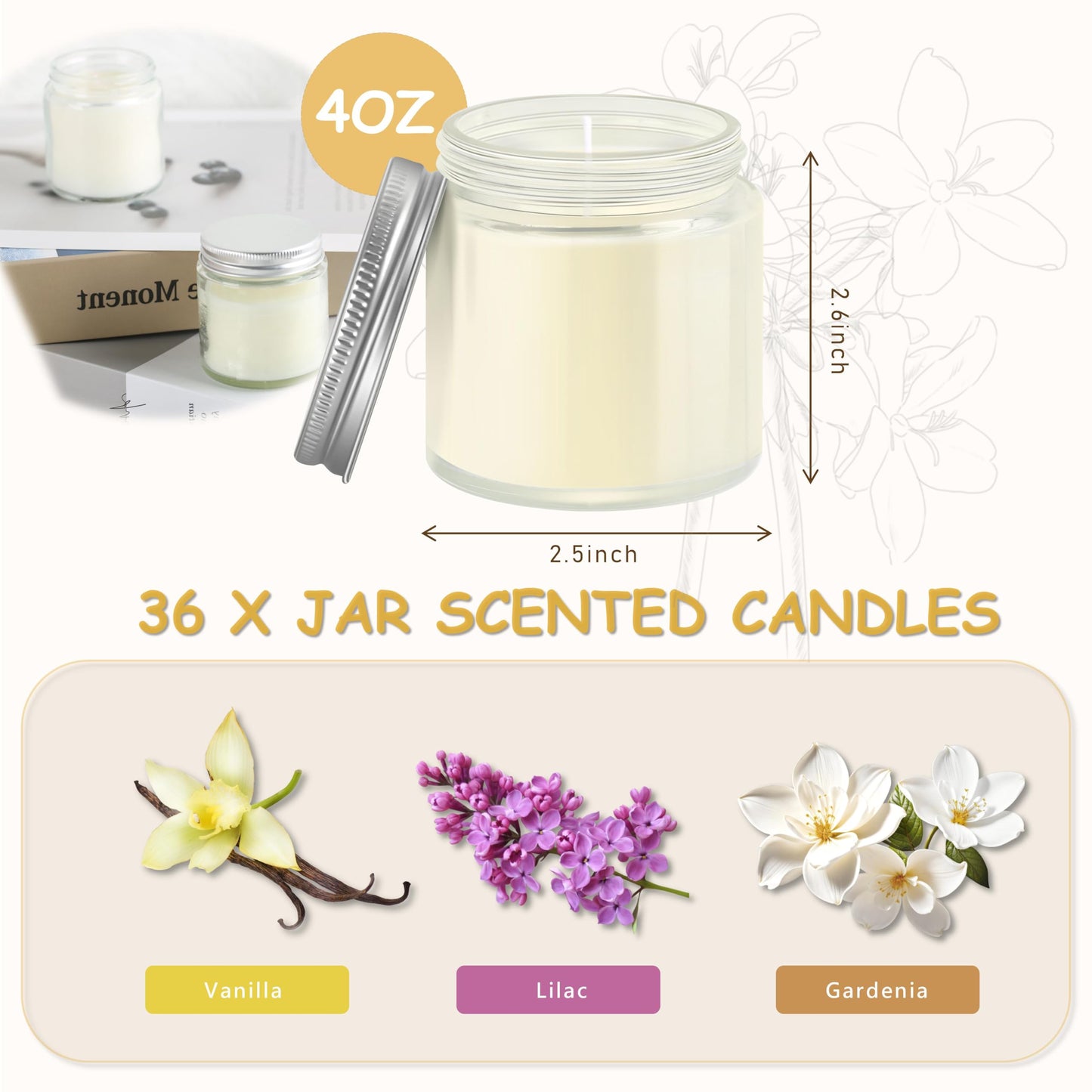 ACITHGL 36 Pcs 4oz Mini Mason Jar Candles Small Scented Candles Bulk Aromatherapy Ideal Souvenir Favors for Wedding Birthday Party (Vanilla, Lilac, Gardenia, Silver)