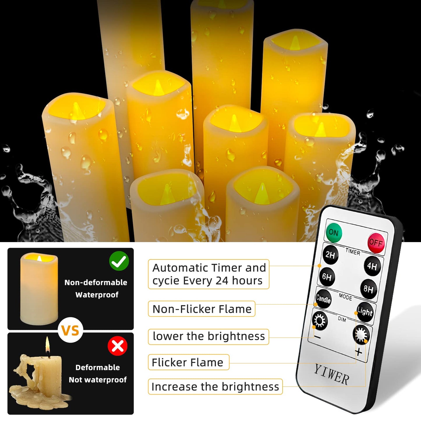YIWER Plastic Waterproof Flameless Candles Set of 18: Battery Operated Candles Ivory Flickering Pillar Candles Include 4"/5"/6"/7"/8"/9" with 10-Key Remote 2/4/6/8H Timer Function