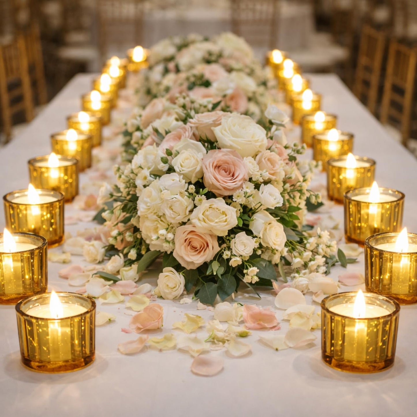 Mumufy 50 Pcs Glass Tealight Candle Holder Ribbed Votive Candle Holder for Centerpiece Wedding Proposal Spa Aromatherapy Meditation Home Decor (Gold)