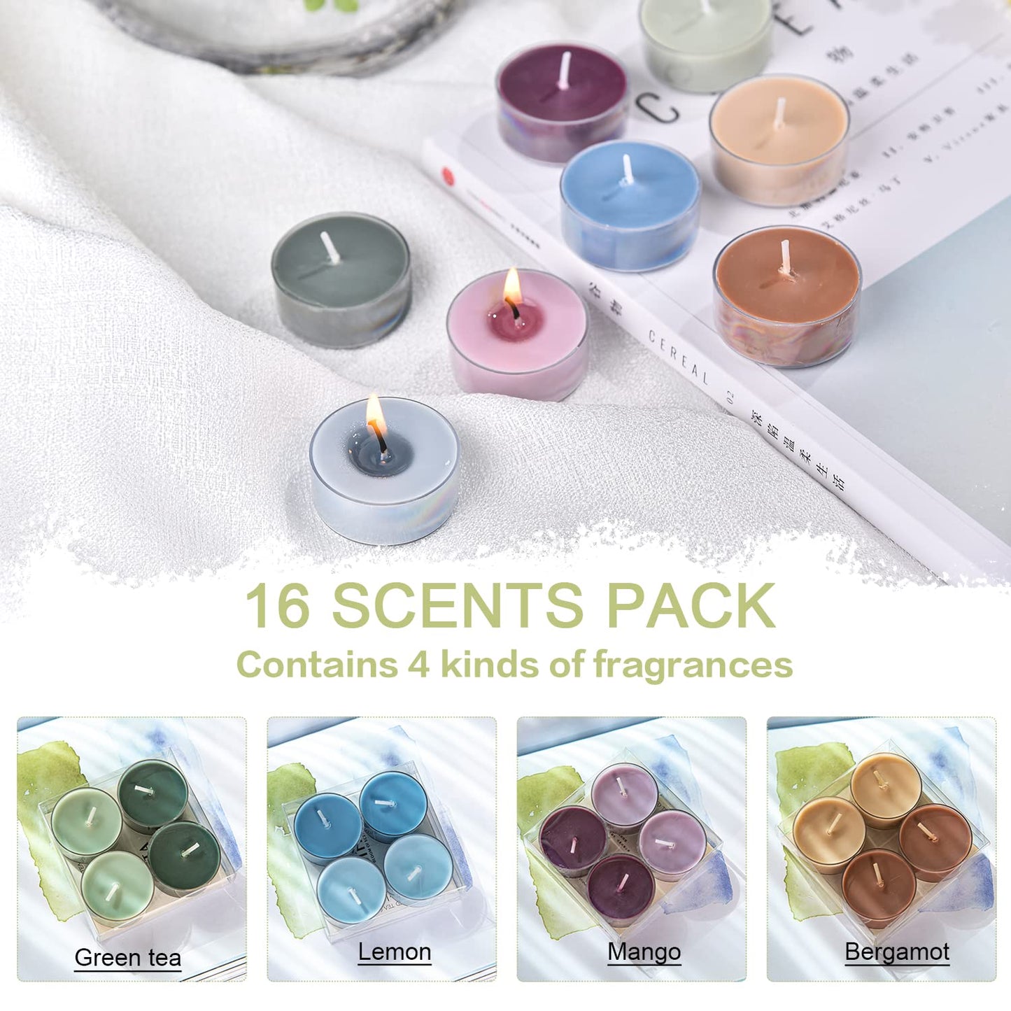 Sungmor Scented Tealight Candles 16 Pack - 100% Soy Wax, Smoke-Free, 4 Scents, 3-4hr Burn, for Bathroom/Party/Yoga/Wedding Decor and Daily General Use