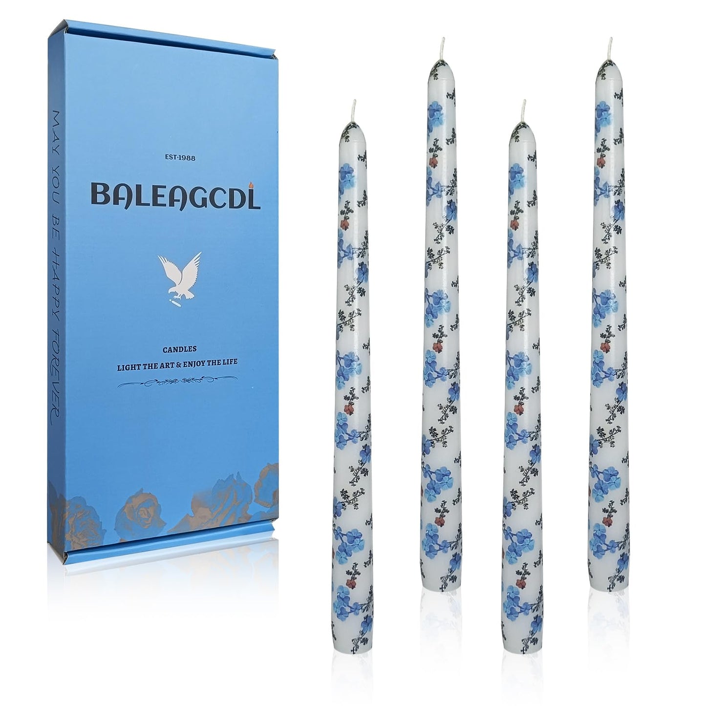 Unscented Floral Taper Candle Spiral Candlesticks - Set of 4 Handmade Blue Red Flower 10 Inch Long Candle Sticks Print Tapered Candles for Home Wedding Dinner Gifts