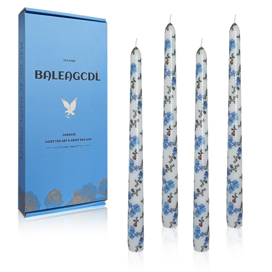Unscented Floral Taper Candle Spiral Candlesticks - Set of 4 Handmade Blue Red Flower 10 Inch Long Candle Sticks Print Tapered Candles for Home Wedding Dinner Gifts