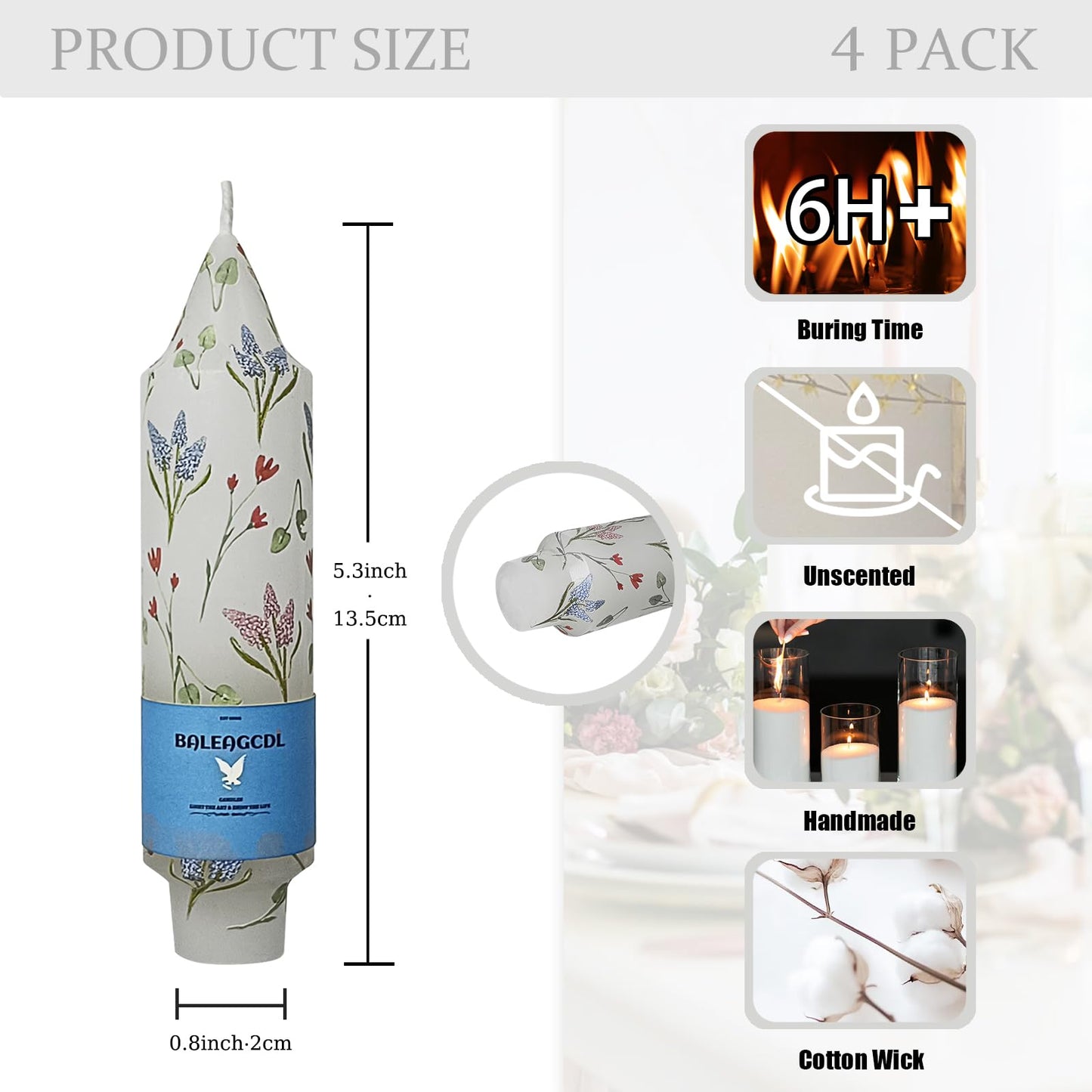 Unscented Hyacinth Short Taper Candles,5 Inches Dripless Thick Candlesticks 4 Packs of Smokeless Long-Lasting Burning Candle for Home Decor Weddings & Holiday