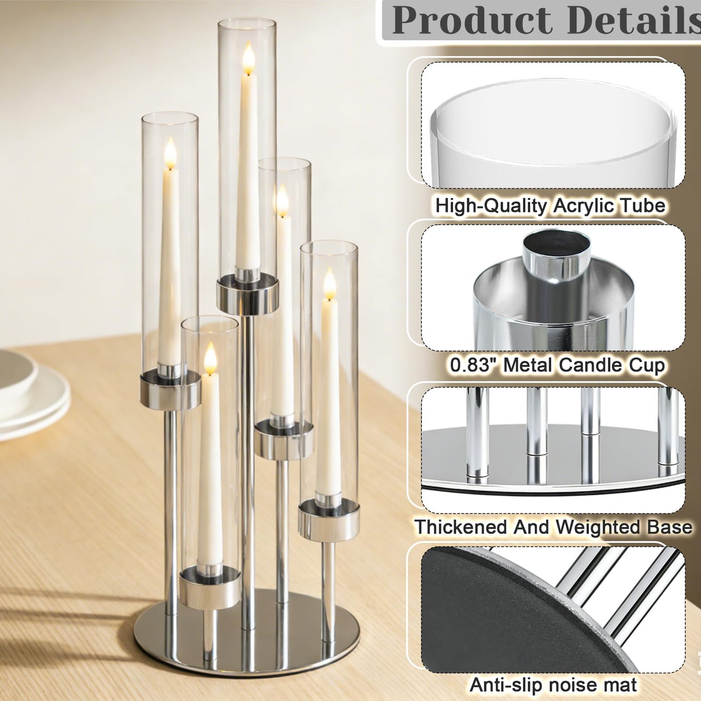 KEHAIL 2 Pcs 5-Arm Silver Metal Table Candelabra Centerpiece, 22" Tall Clear Candlesticks Holder with Shade for Valentines Day Events Party Table Centerpiece,Fit LED Candles