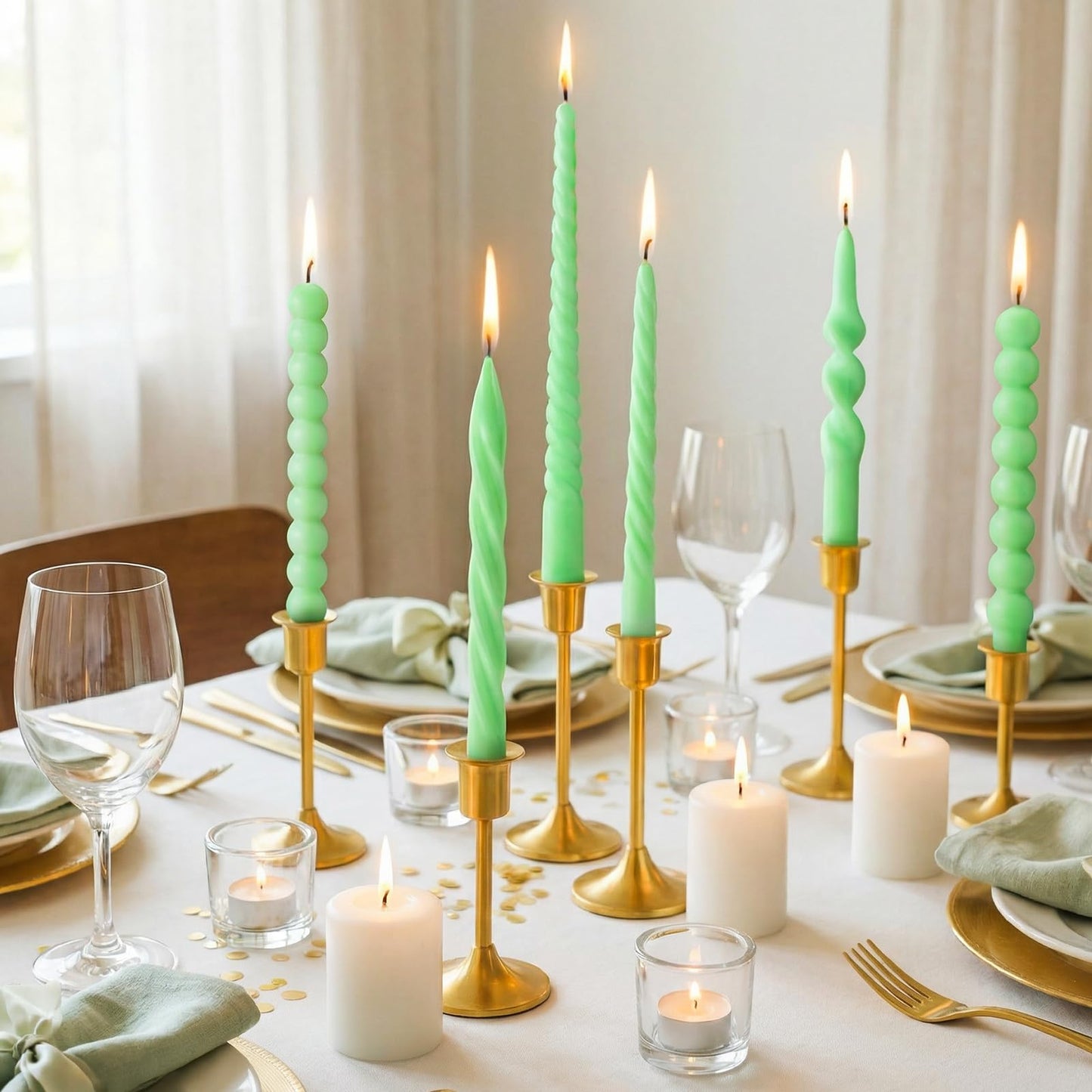 Conelist 10 Inch Green Twisted Taper Candles Set of 6, Tall Smokeless Twisted Candlesticks for Wedding Holiday Birthday Home Party Decorations