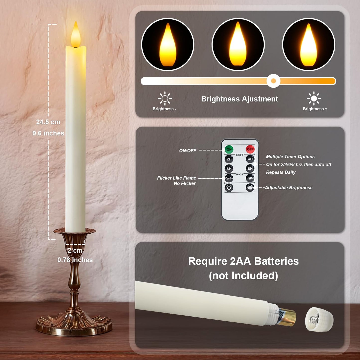Meigic 12 Pcs Flameless Taper Candles with Remote Timer, Battery Operated Window Candles, White Plastic LED Candlesticks, for Wedding Halloween Christmas Church Decor, 9.6 inches