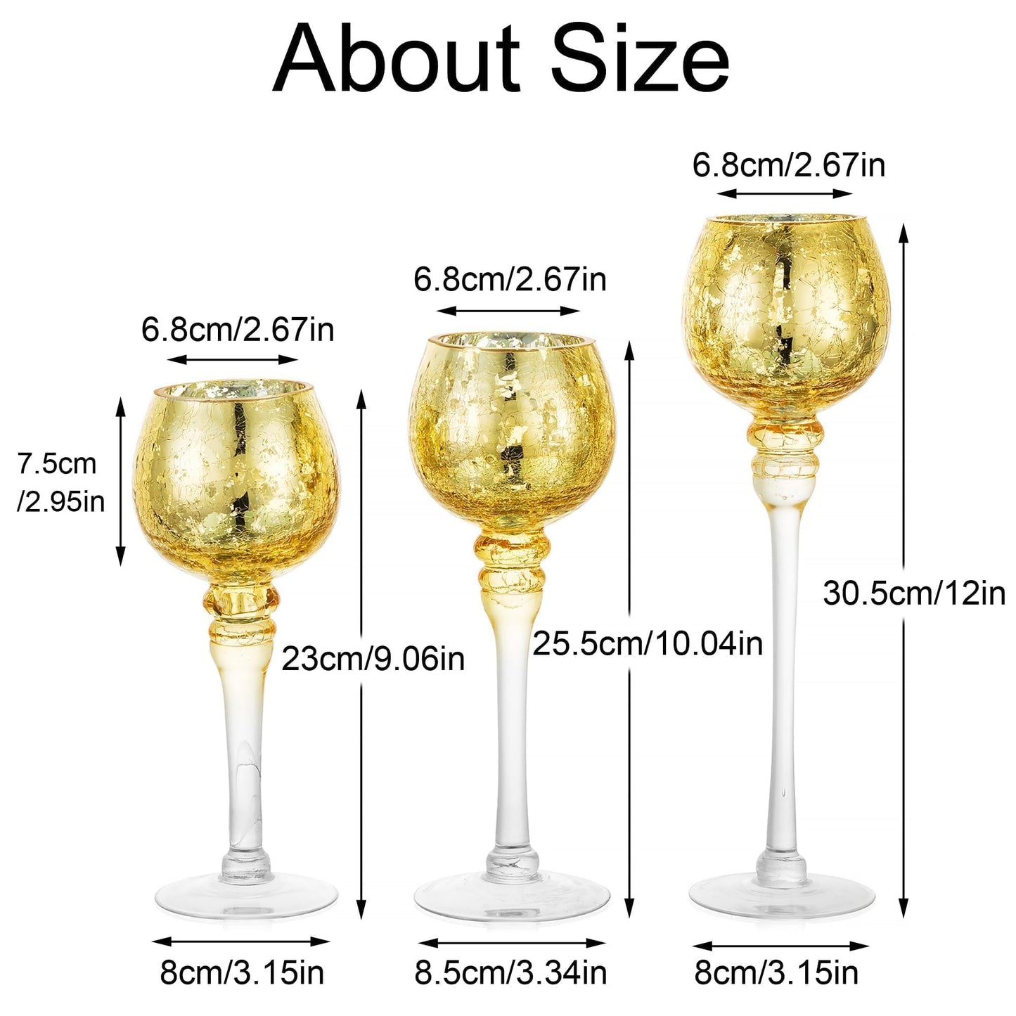 Inweder Glass Tealight Candle Holder: Gold Mercury Votive Holders 9/10/12 Inch Tall Long Setm Floating Candle Holders for Christmas Dining Table Centerpiece Wedding Party Set of 3