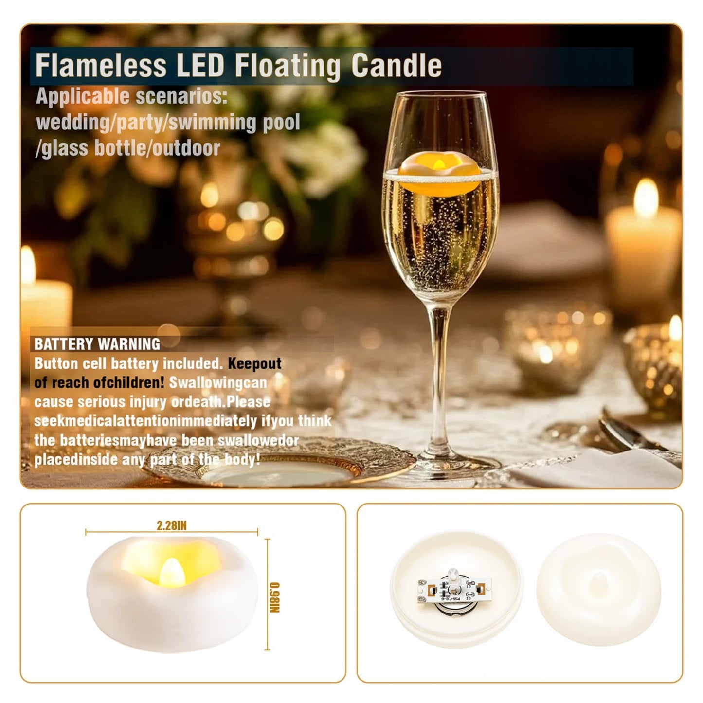 Eynshoo 24 Pack Floating Candles,3-Inch Waterproof LED Tea Lights–Realistic Flickering Flame,160-Hour Battery, Flameless&Safe, Auto On/Off for Centerpieces,Pool, Weddings,Halloween, Parties