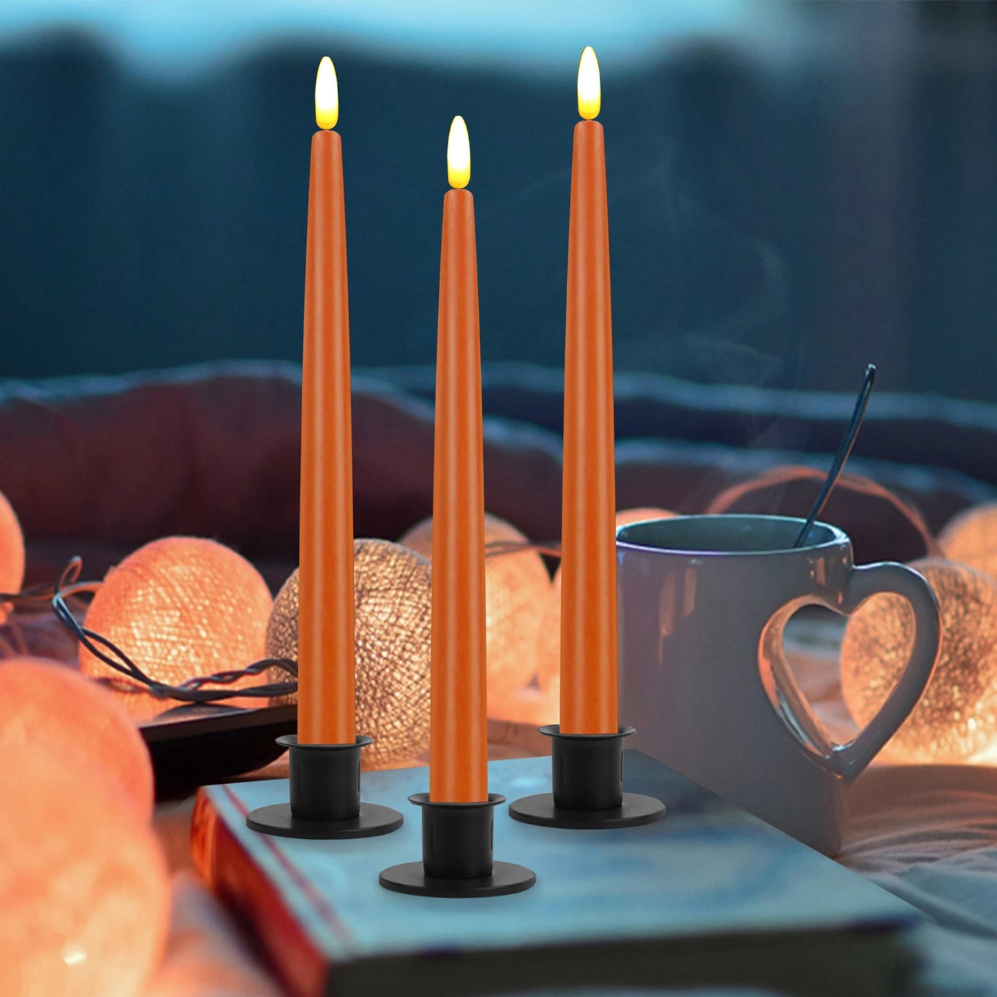 CVHOMEDECO. Flameless Taper Candles with 10-Key Remote, Battery Operated Led Flickering 3D Wick Window Candles Real Wax Finished Home Christmas Party Decor 0.78 x 11 Inch, Pack of 3, Orange
