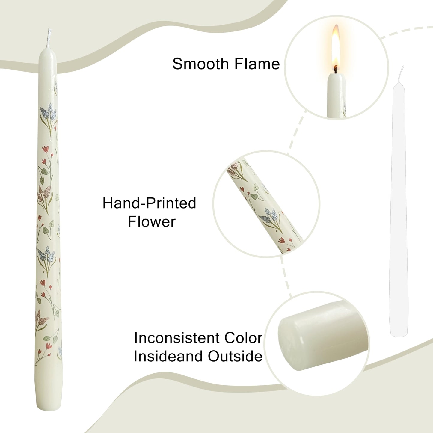 Hyacinth Printed Taper Candle Dripless Candles Sticks - 4 pcs Handmade White Taper Candle 10 inches Long Tapered Candles for Home Party Wedding Restaurant Holiday Decor