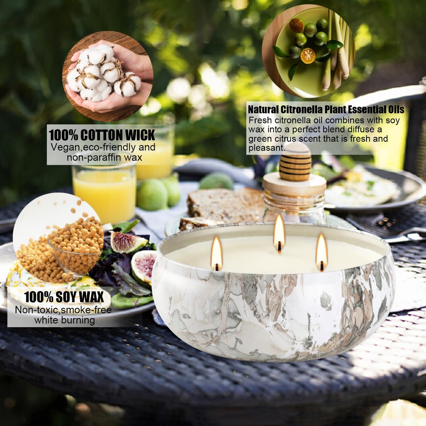 Citronella Candles Outdoor, 3 Pack 12oz Large Citronella Candle 3-Wick Natural Soy Wax Summer Candle Set 240 Hours Long Lasting Burning Huge Scented Outdoor Indoor Candles for Garden Yard (Gray)