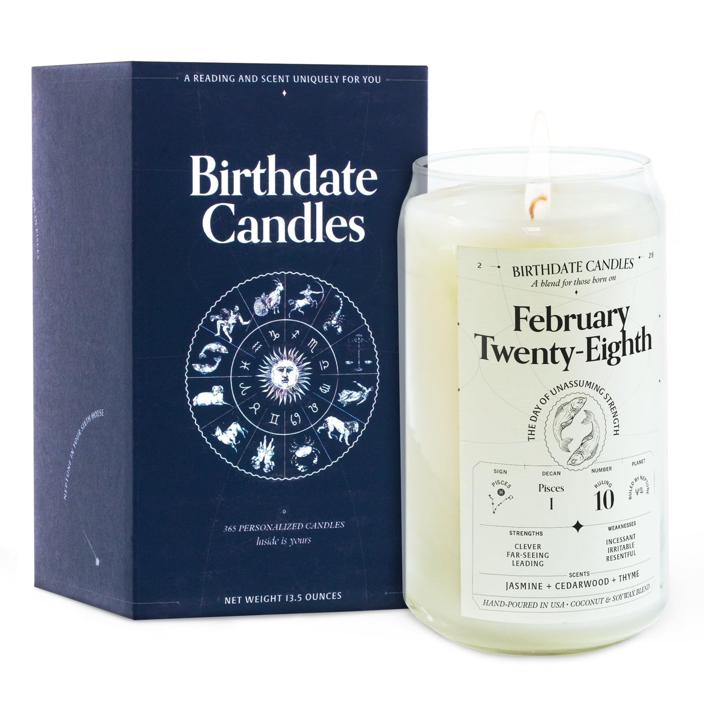 Birthdate Candles, February 28 - Pisces Zodiac Scented Candles Birthday Gift - Jasmine, Cedarwood & Thyme Scent - All-Natural Soy & Coconut Wax, 60-80 Hour Burn Time - Made in USA